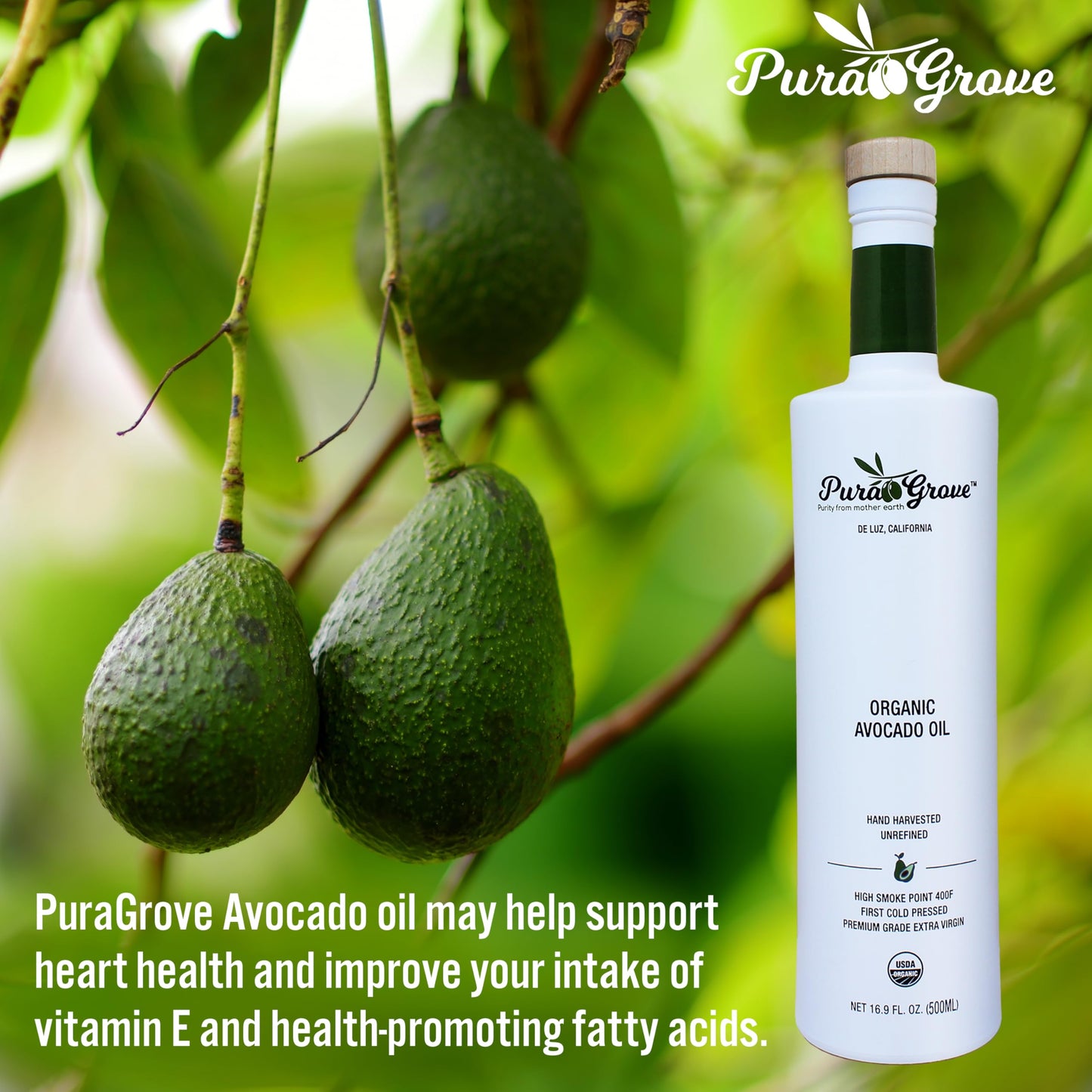 Pura Grove Organic Avocado Oil For Cooking - High Smoke Point Cold Pressed enhanced Grade Avocado Oil - 16.9 Fl Oz Opaque Glass Bottle