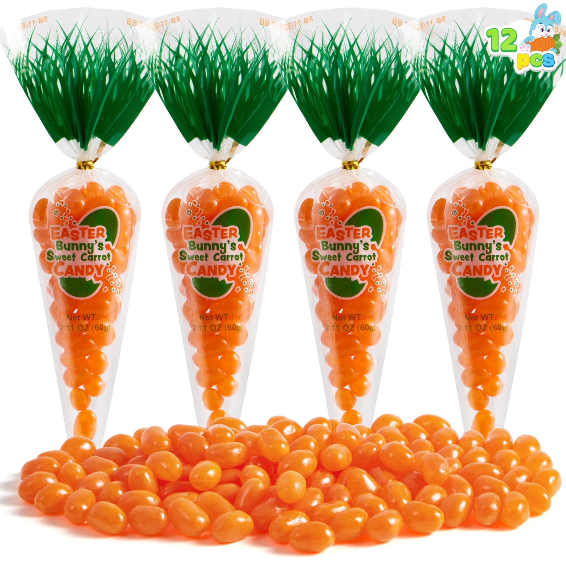 SYNCFUN 12 Pcs Easter Candy with Carrot Bags, Filled Candy with Jelly Beans, Prefilled Easter Fillers for Kids, Basket Fillers, 
