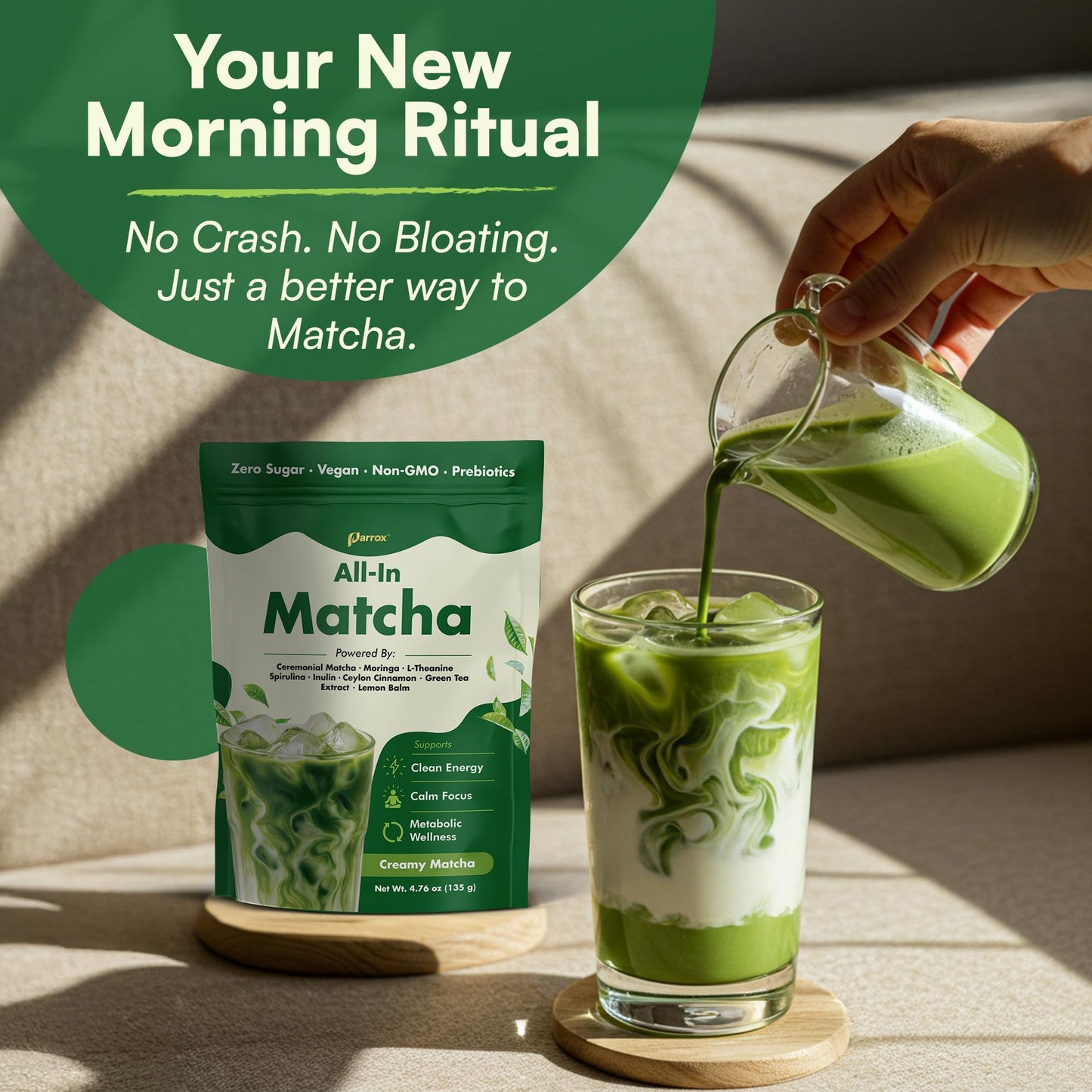 Ceremonial Grade Matcha Powder Infused with Moringa  Green Tea Extract  L-Theanine  Inulin  Spirulina  Ceylon Cinnamon  and Lemon Balm - 100% First Harvest Japanese Tea (30 Servings)