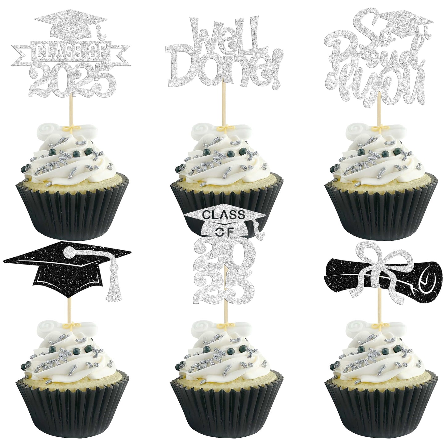 Gyufise 24Pcs Class of 2025 Cupcake Toppers Glitter Congrats Grad 2025 Done Diploma Cupcake Picks for Class of 2025 Graduation T