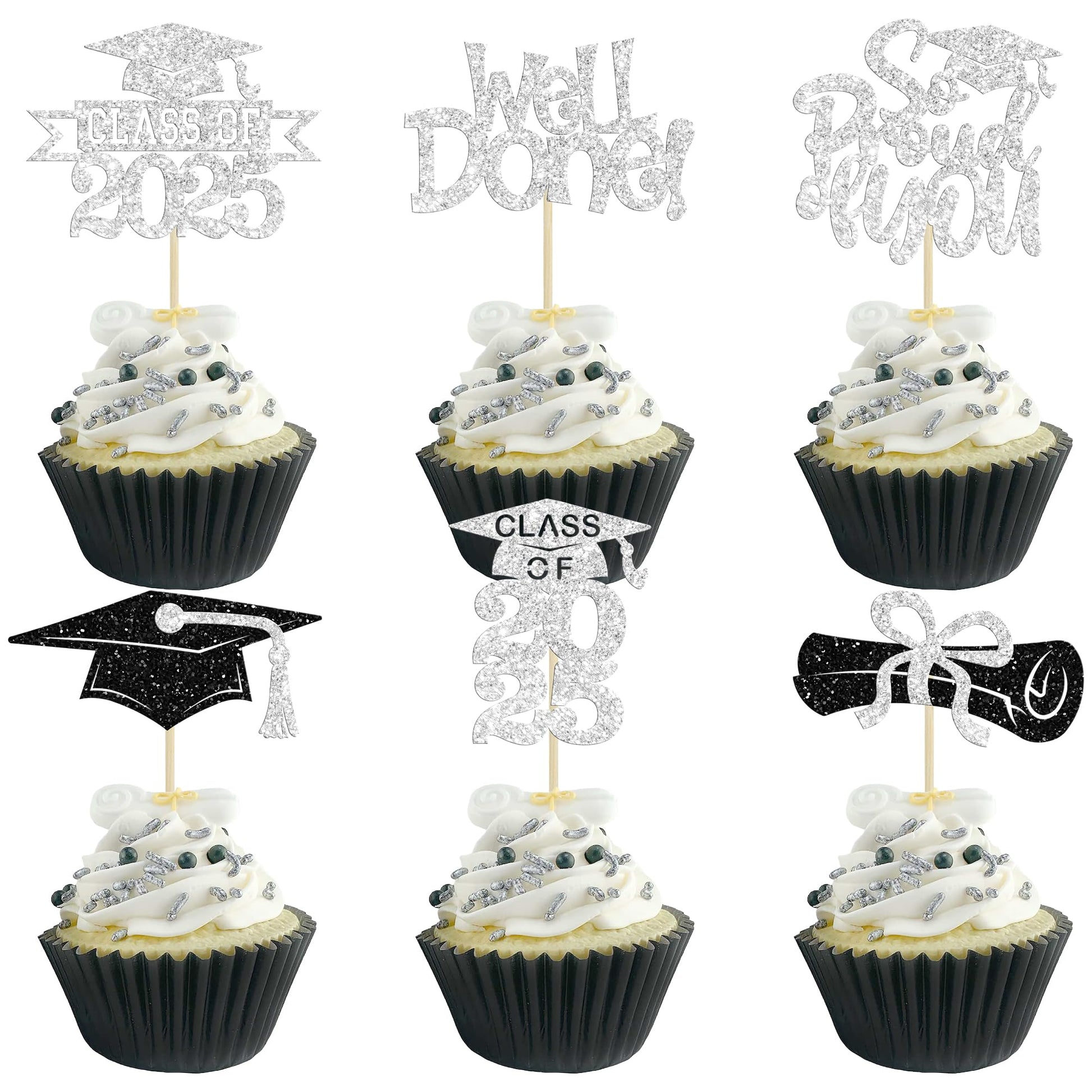 Gyufise 24Pcs Class of 2025 Cupcake Toppers Glitter Congrats Grad 2025 Done Diploma Cupcake Picks for Class of 2025 Graduation T