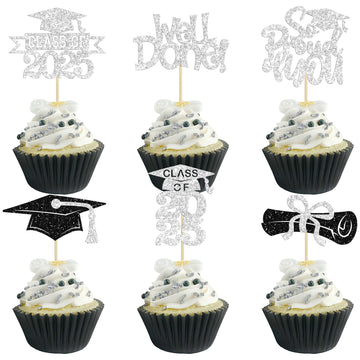 Gyufise 24Pcs Class of 2025 Cupcake Toppers Glitter Congrats Grad 2025 Done Diploma Cupcake Picks for Class of 2025 Graduation T