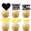 18pcs Black Gold Glitter Dessert Cupcake Pick for Straight Outta 2000 Cheer to 25 Years Old Theme Decor Supplies Happy 25th Birt