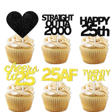18pcs Black Gold Glitter Dessert Cupcake Pick for Straight Outta 2000 Cheer to 25 Years Old Theme Decor Supplies Happy 25th Birt