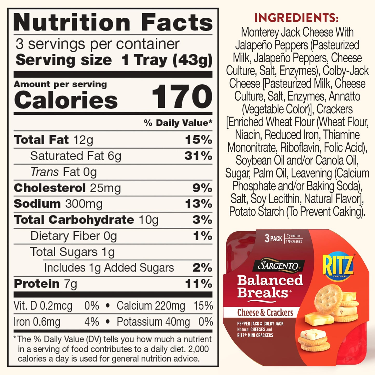 Sargento Balanced Breaks Cheese & Crackers, Natural Pepper Jack & Colby-Jack Cheese and RITZ Mini Original Crackers Snack Kit, 3