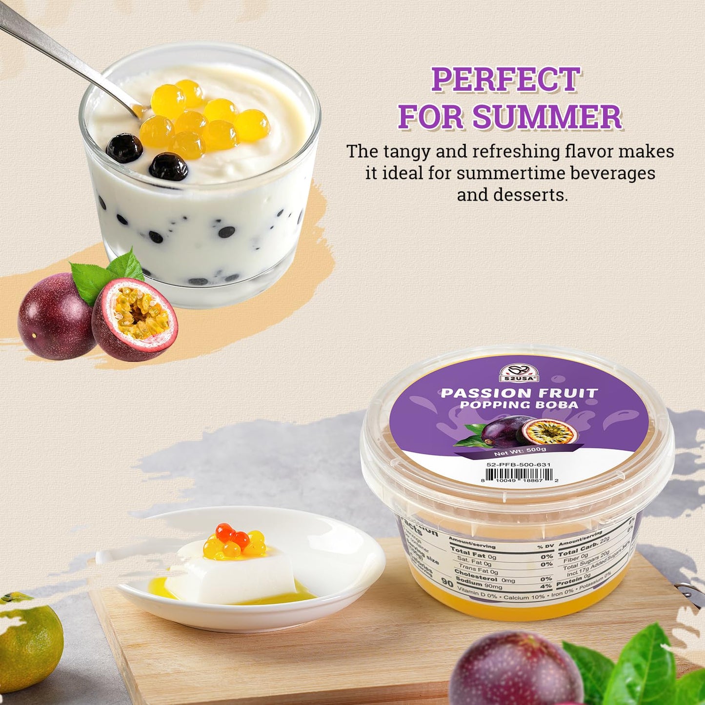 52USA Passion Fruit Popping Boba (1000g)  Bursting Popping Pearls for Bubble Tea  Beverages  Sweets  Ice Cream  Shakes  Desserts & Smoothies Topping  1.1 Pound (Pack of 2)