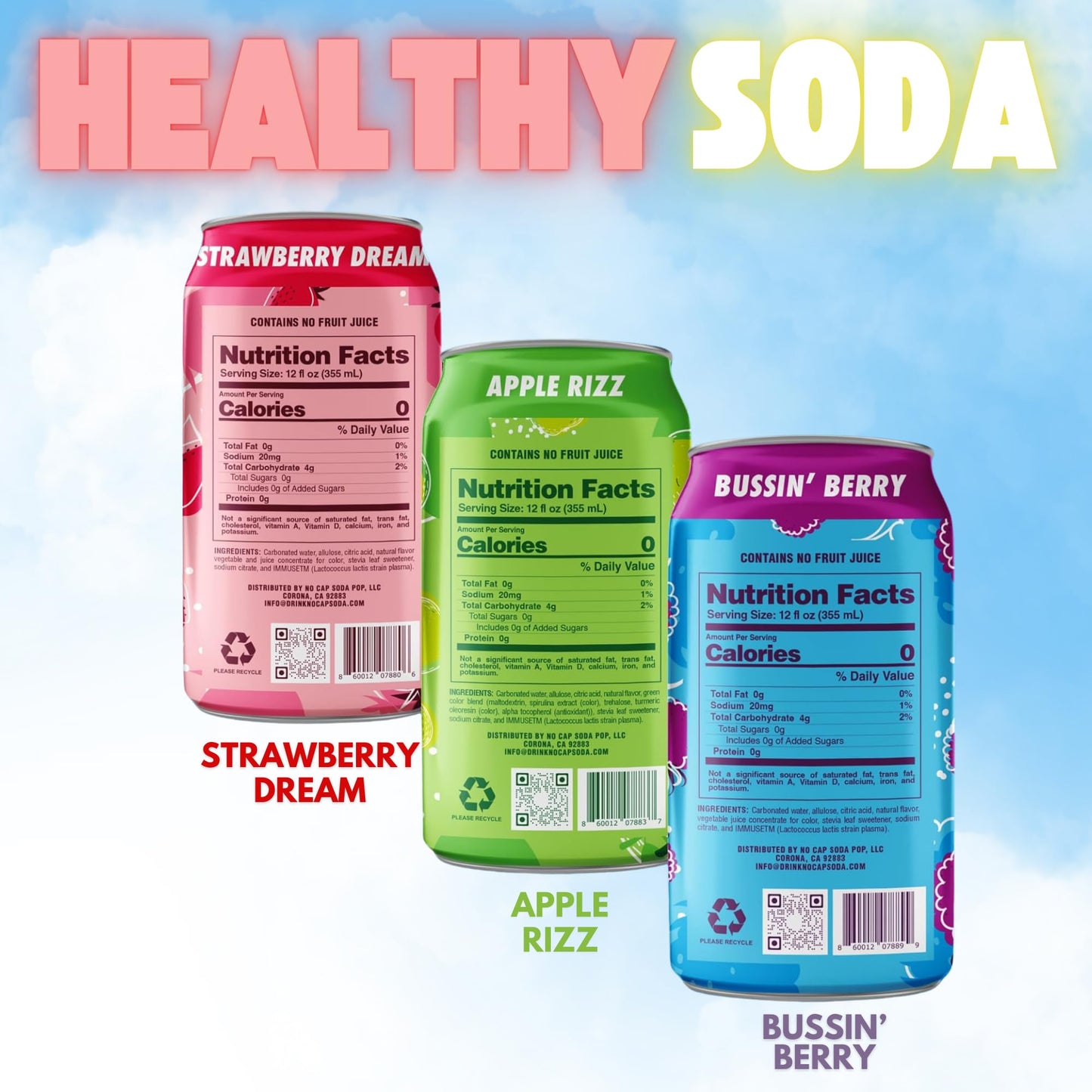 NO CAP! Soda Pop, Healthy Soda Alternative, Zero Sugar, Caffeine Free, Vegan, 12 oz Cans, Variety Pack, 12 Pack