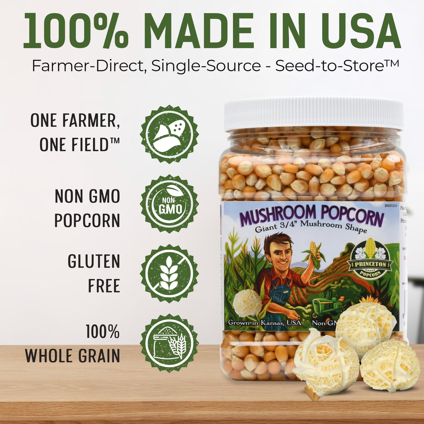 Mushroom Popcorn Kernels By Princeton Popcorn - Farmer Direct, Non-Gmo, Gluten Free, Unpopped, Ball Shaped, Old Fashion Popcorn