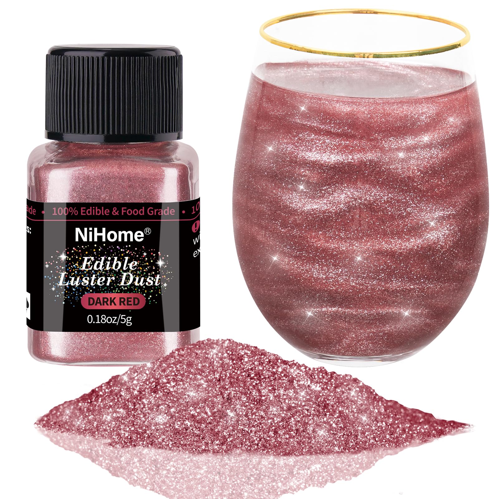 NiHome Edible Glimmer Powder Glitter for Food Decorating, 5g/0.18oz, Dark Red, Vegan, Model NiHome-0045