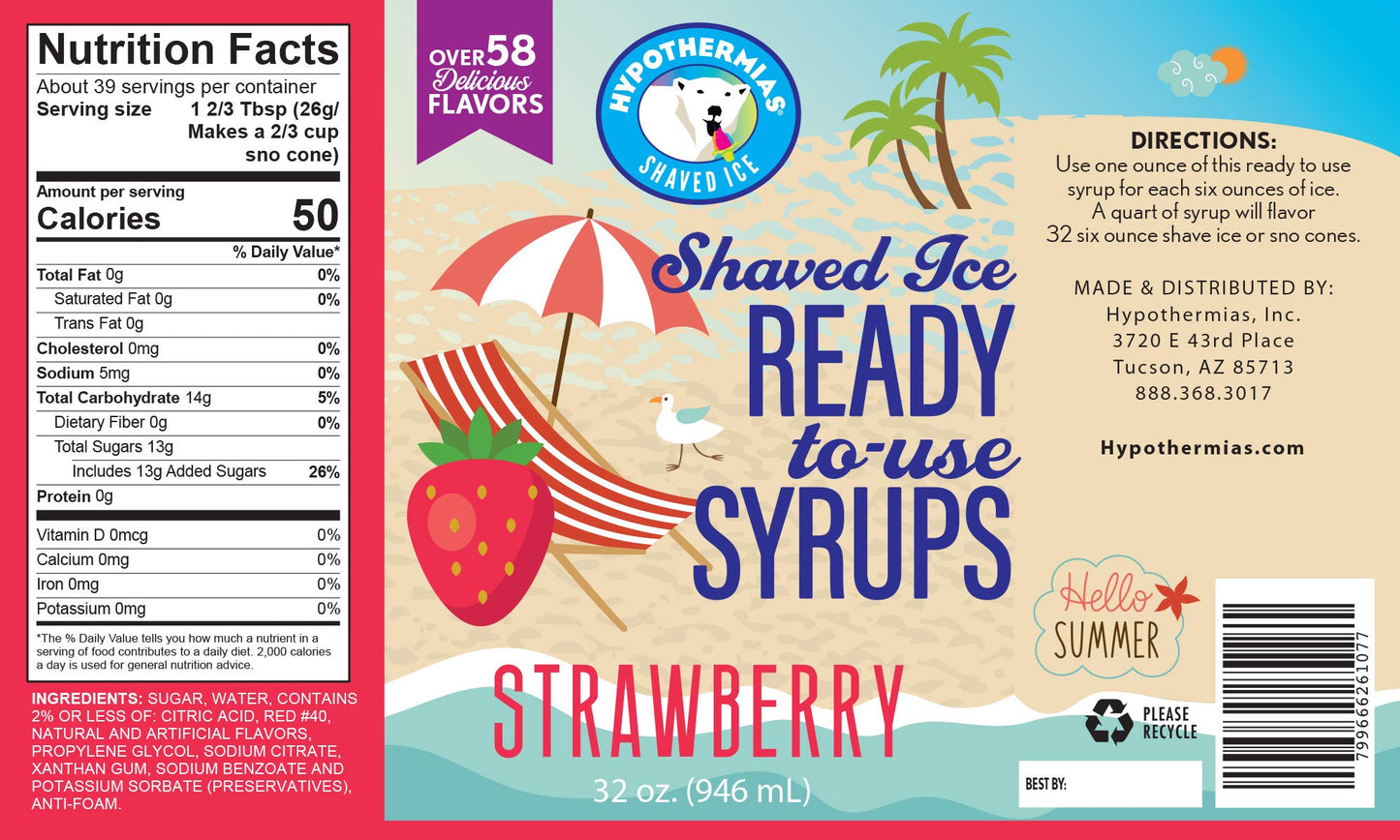 Hypothermias Shaved Ice & Snow Cone Syrup - Bpa-Free Recyclable Plastic Bottle Quart (32 Fl. Oz) - Strawberry - Made With Non-Gm