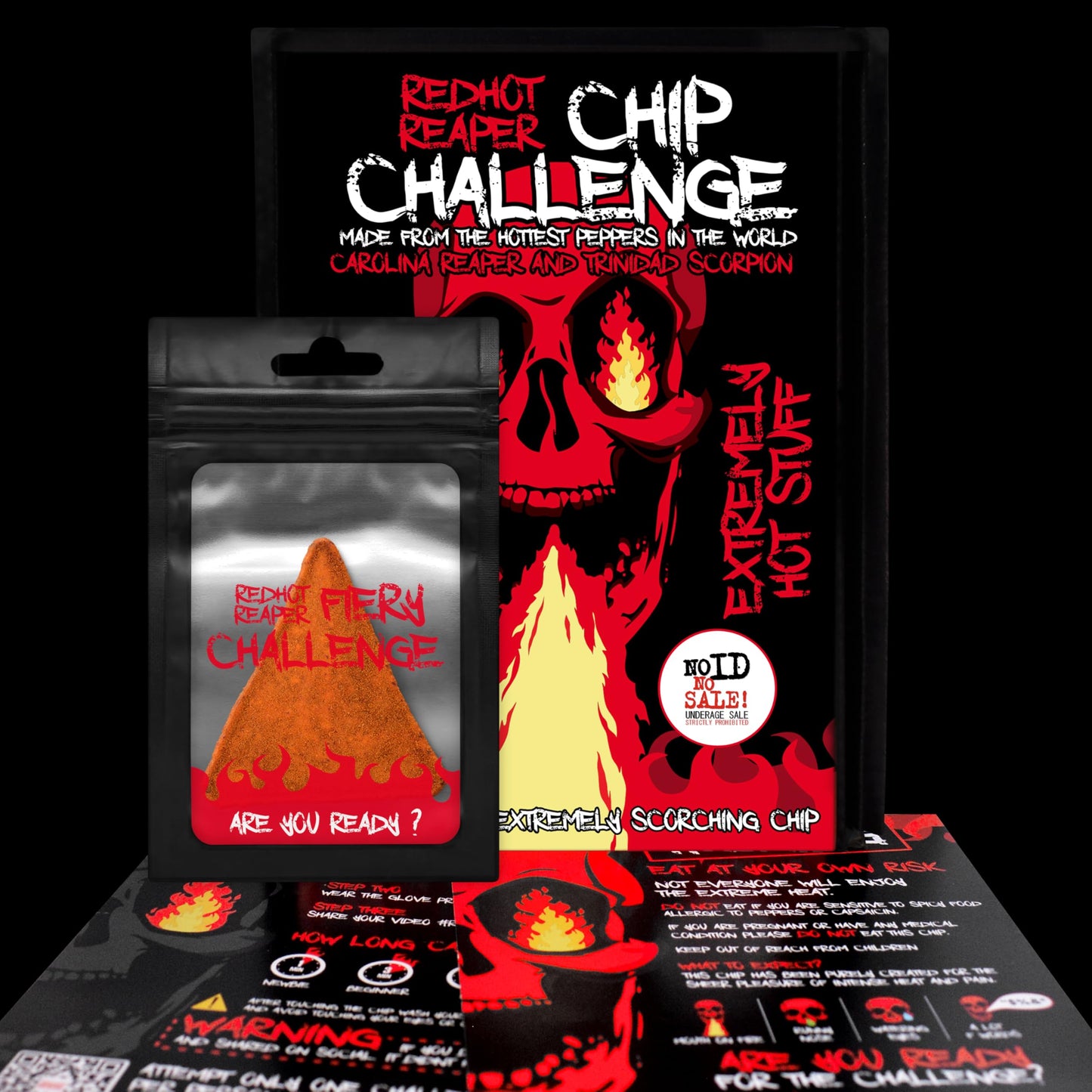 Red Hot Reaper Hot Chip Challenge - Super Spicy Carolina Reaper & Trinidad Scorpion - 1.41 oz Pack, Black