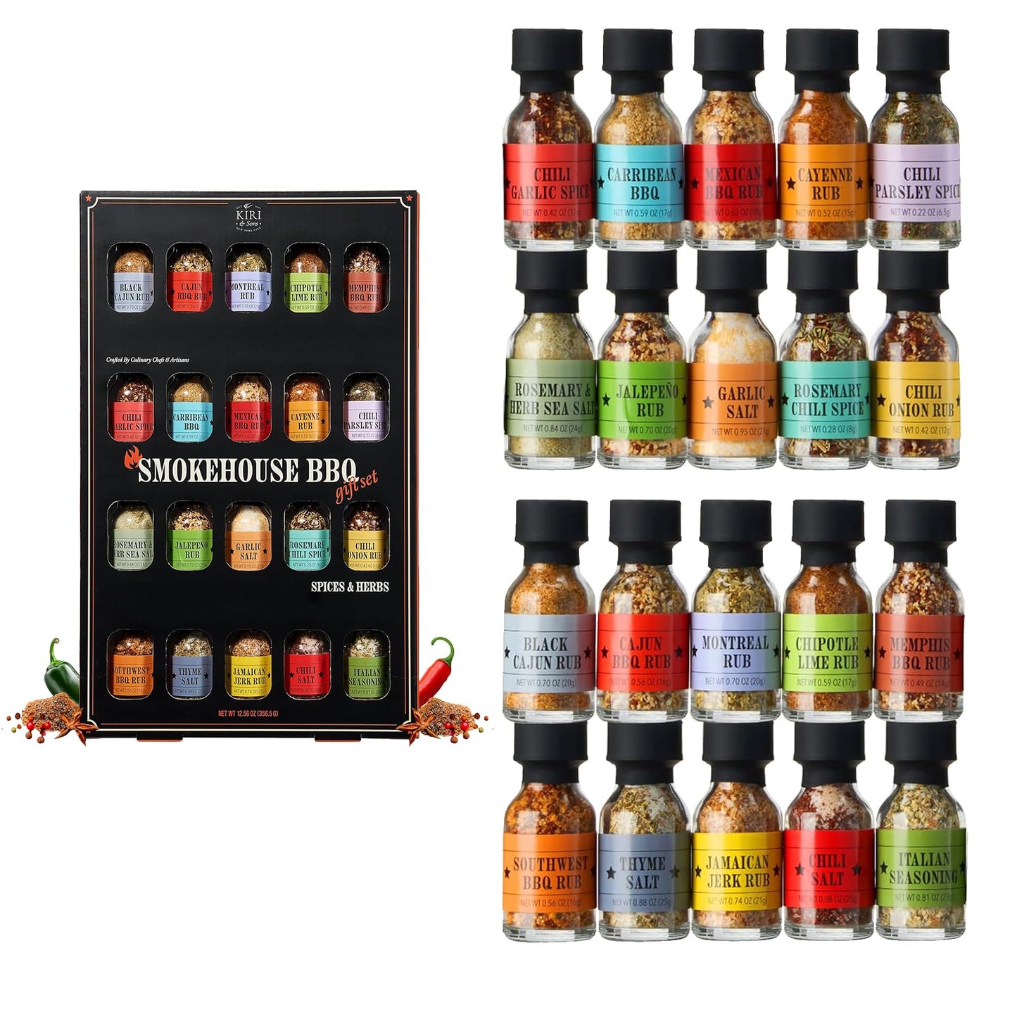 Kiri & Sons Smokehouse BBQ Gourmet Grilling Spice Set | 20-Set | Fathers Day Gift | Glass Bottle Seasonings, Grill Flavors Inclu