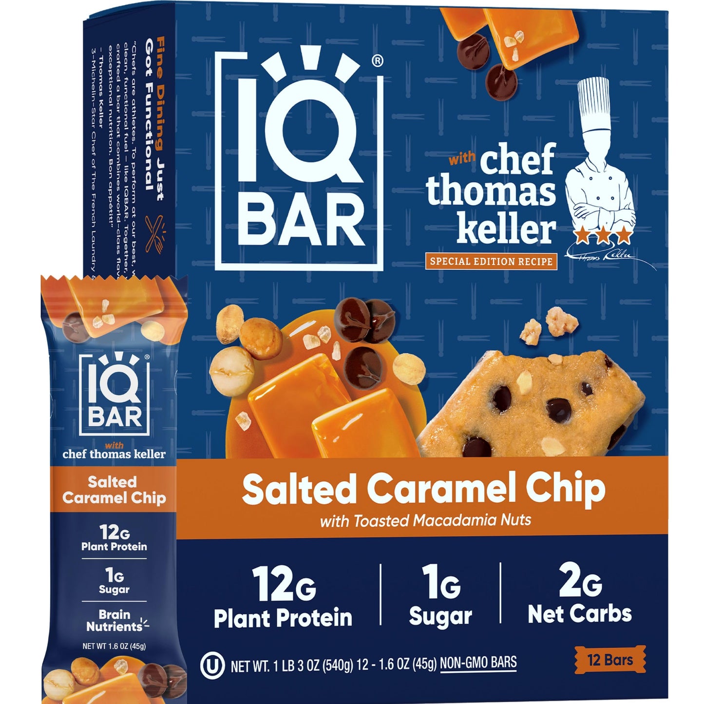 IQBAR x Chef Thomas Keller - Brain and Body Plant Protein Bars - Salted Caramel Chip - 12-Count, Low Carb, High Fiber, Gluten Fr
