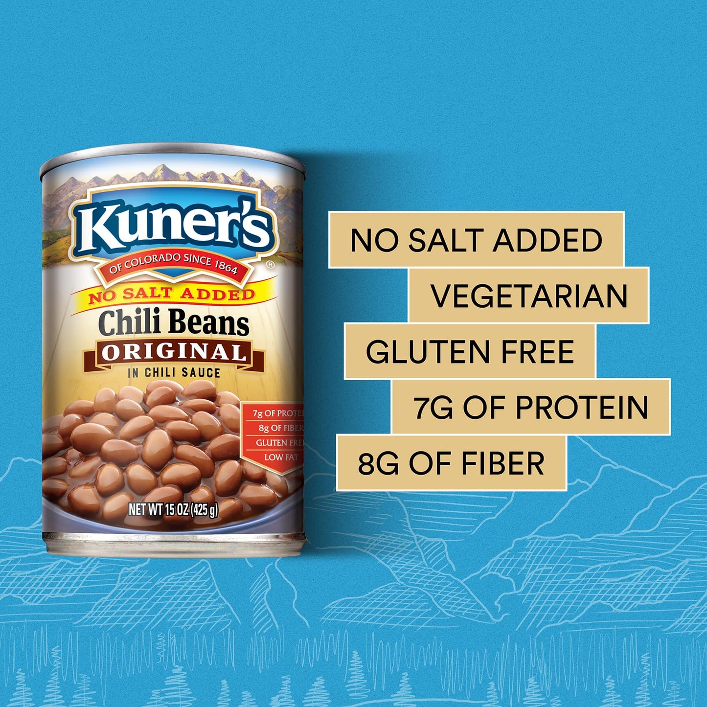 Kuners No Salt Added Canned Chili Beans, Vegan, Gluten Free, Fat Free, 15 oz, 12 Pack