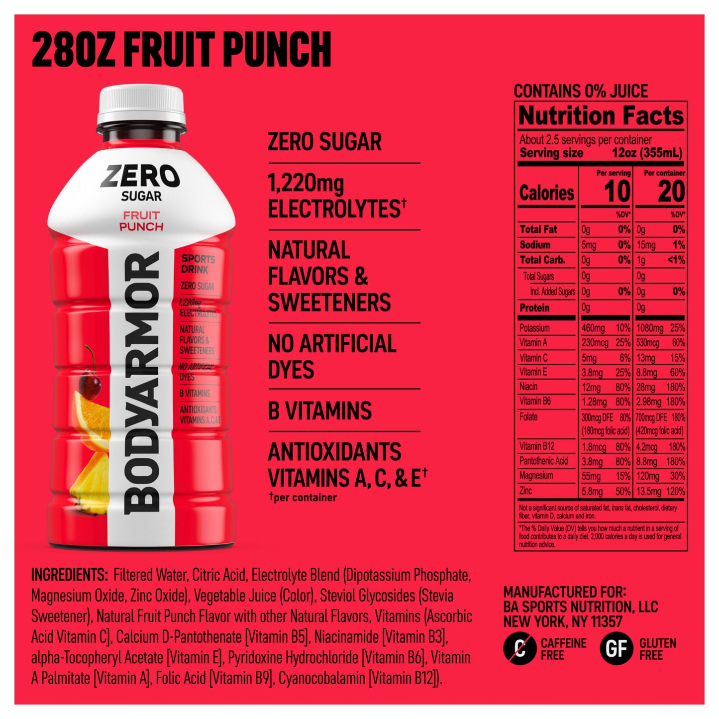 BODYprotective covering ZERO Sugar Fruit Punch  Sugar Free Sports Drink - Low-Calorie Hydration - Natural Flavors with Potassium Packed Electrolytes  Antioxidants  and B-vitamins  28 fl oz (Pack of 15)