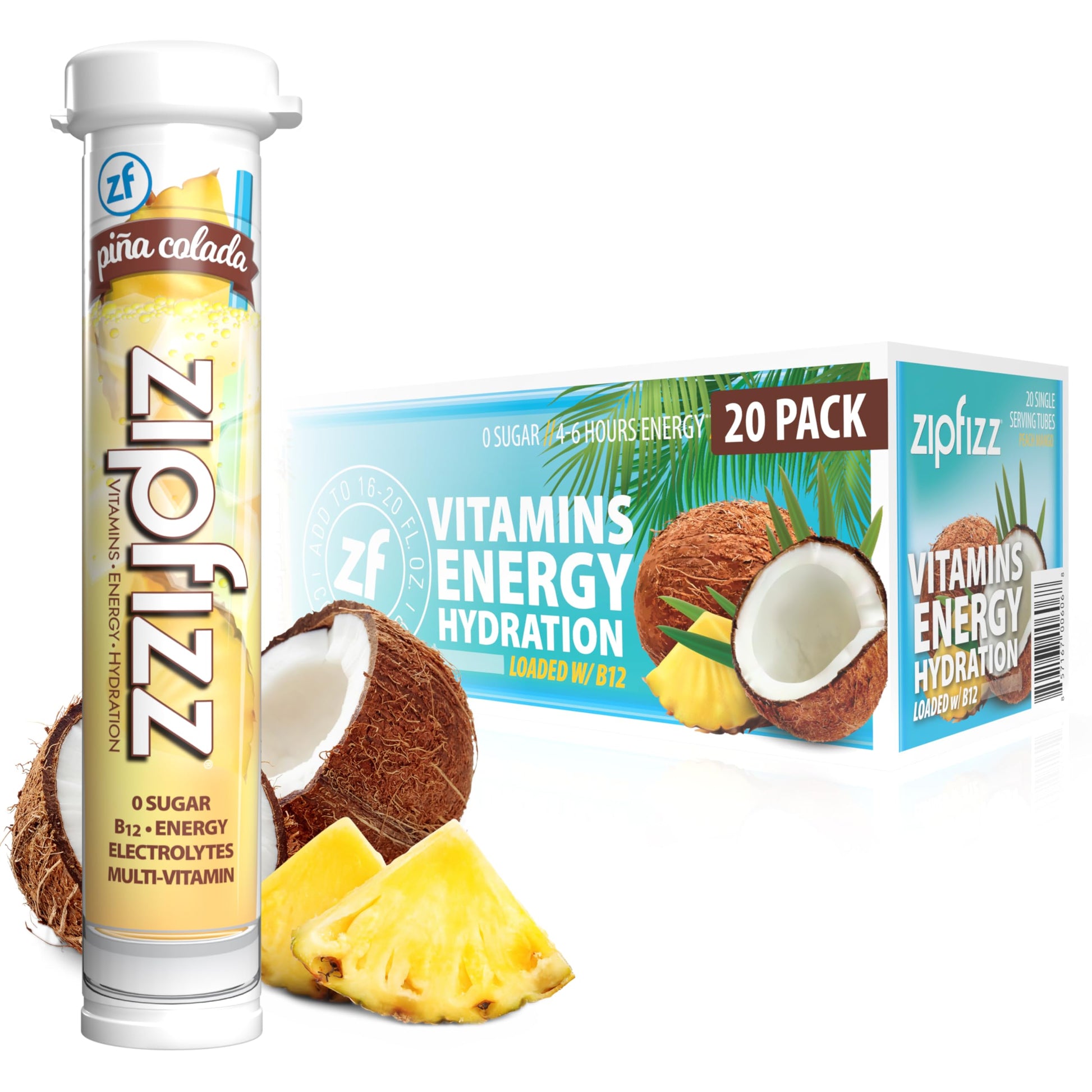 Zipfizz Daily Energy Drink Powder, Sugar-Free Electrolyte, 20 Pack, 0.39 Ounce Each, Pina Colada Flavor