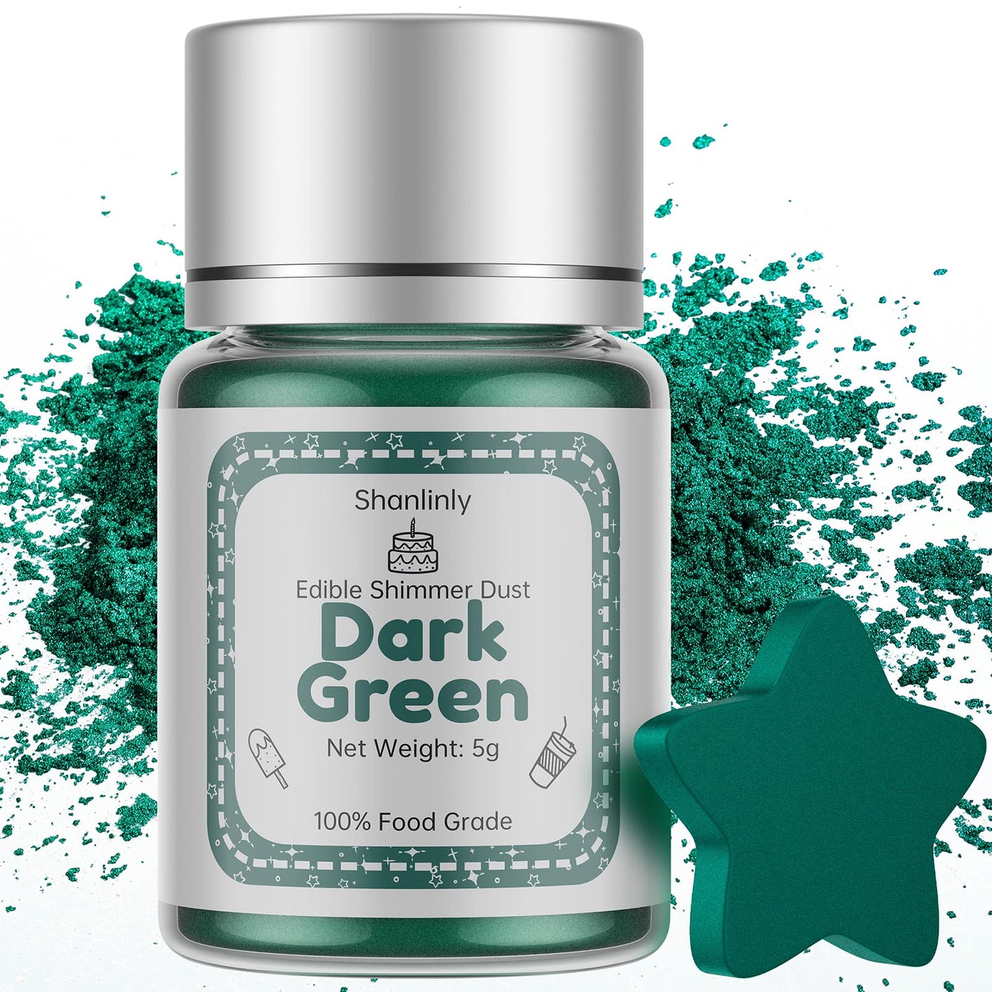 Shanlinly Dark Green Edible Luster Dust - 5 Grams Food Grade Cake Dust Shimmer Powdered, Edible Metallic Powder Food Coloring fo