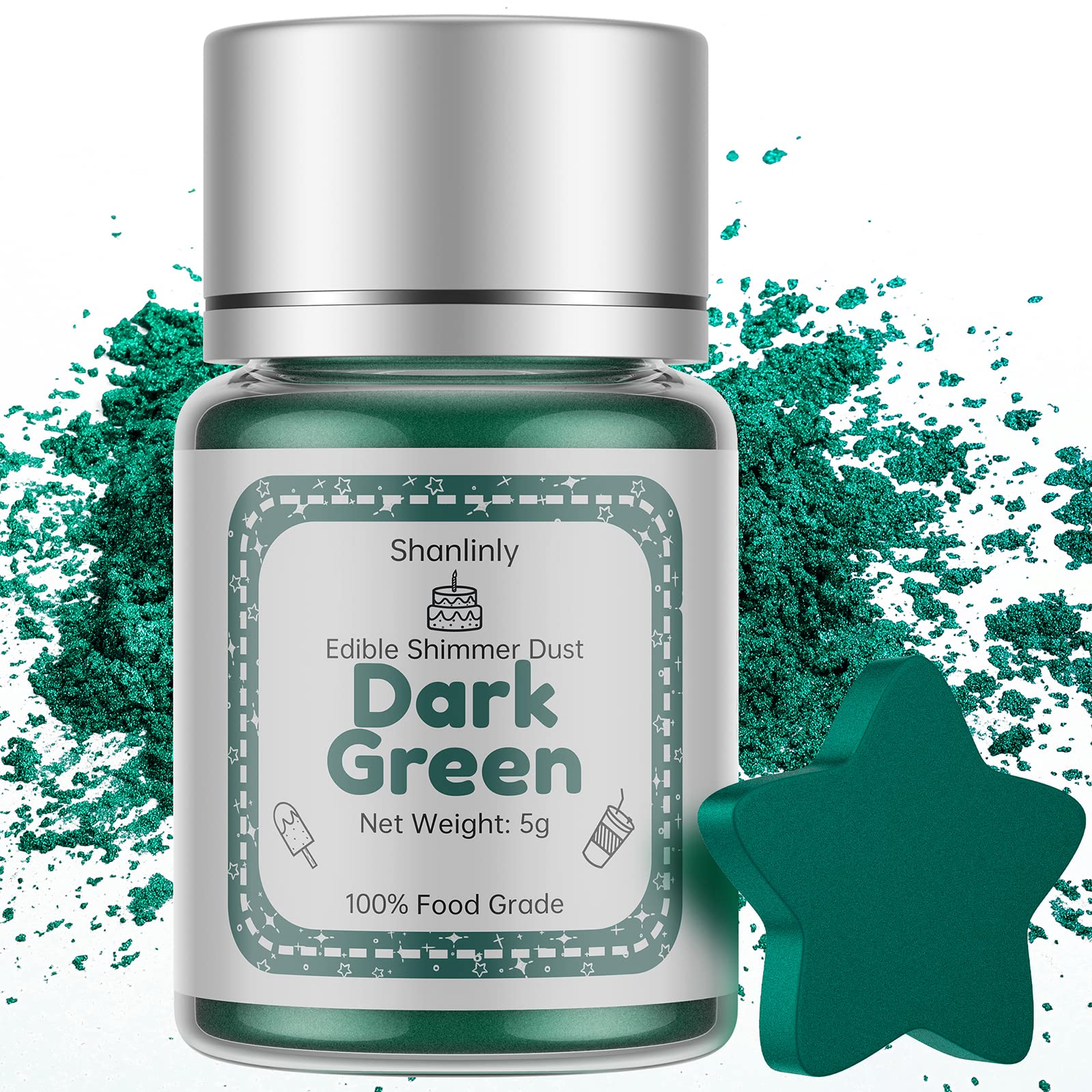 Shanlinly Dark Green Edible Luster Dust - 5 Grams Food Grade Cake Dust Shimmer Powdered, Edible Metallic Powder Food Coloring fo