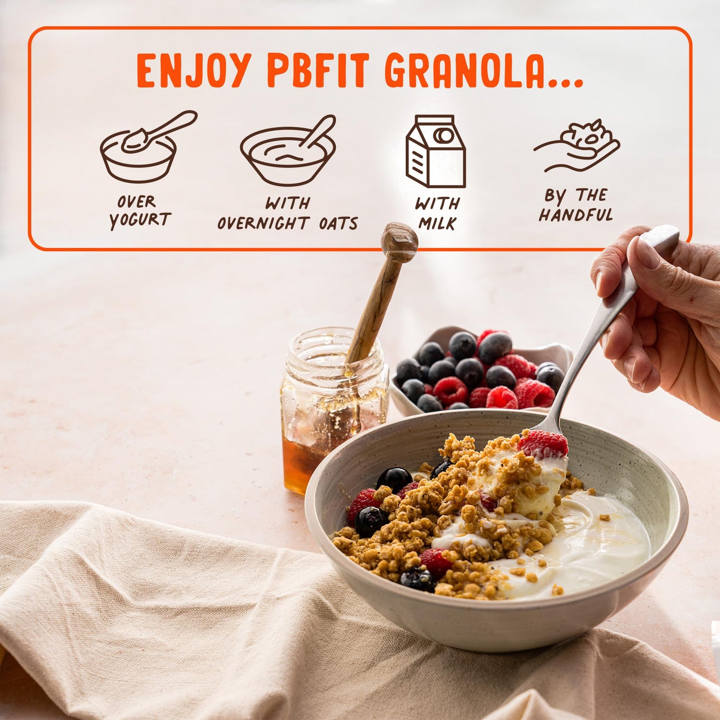 Pbfit Peanut Butter Protein Granola, 15G Plant-Based Protein 22% Dv, Made With Whole Grain Oats And Chia Seeds, Gluten Free, For