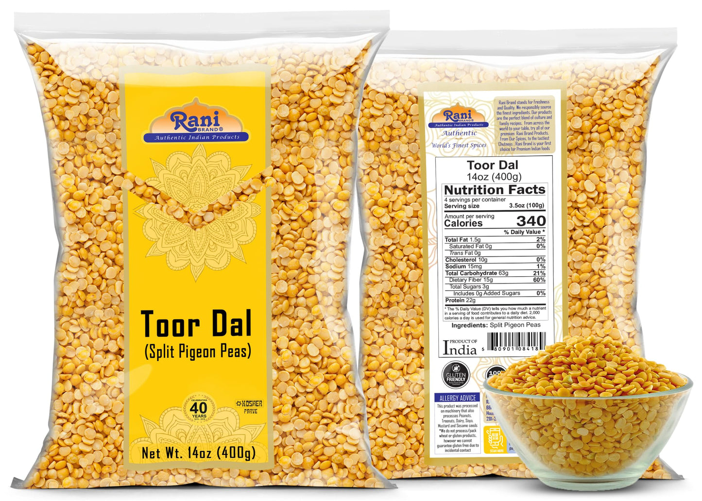 Rani Toor Dal (Split Pigeon Peas) 14Oz (400G) ~ All Natural | Gluten Friendly | Non-Gmo | Kosher | Vegan | Indian Origin