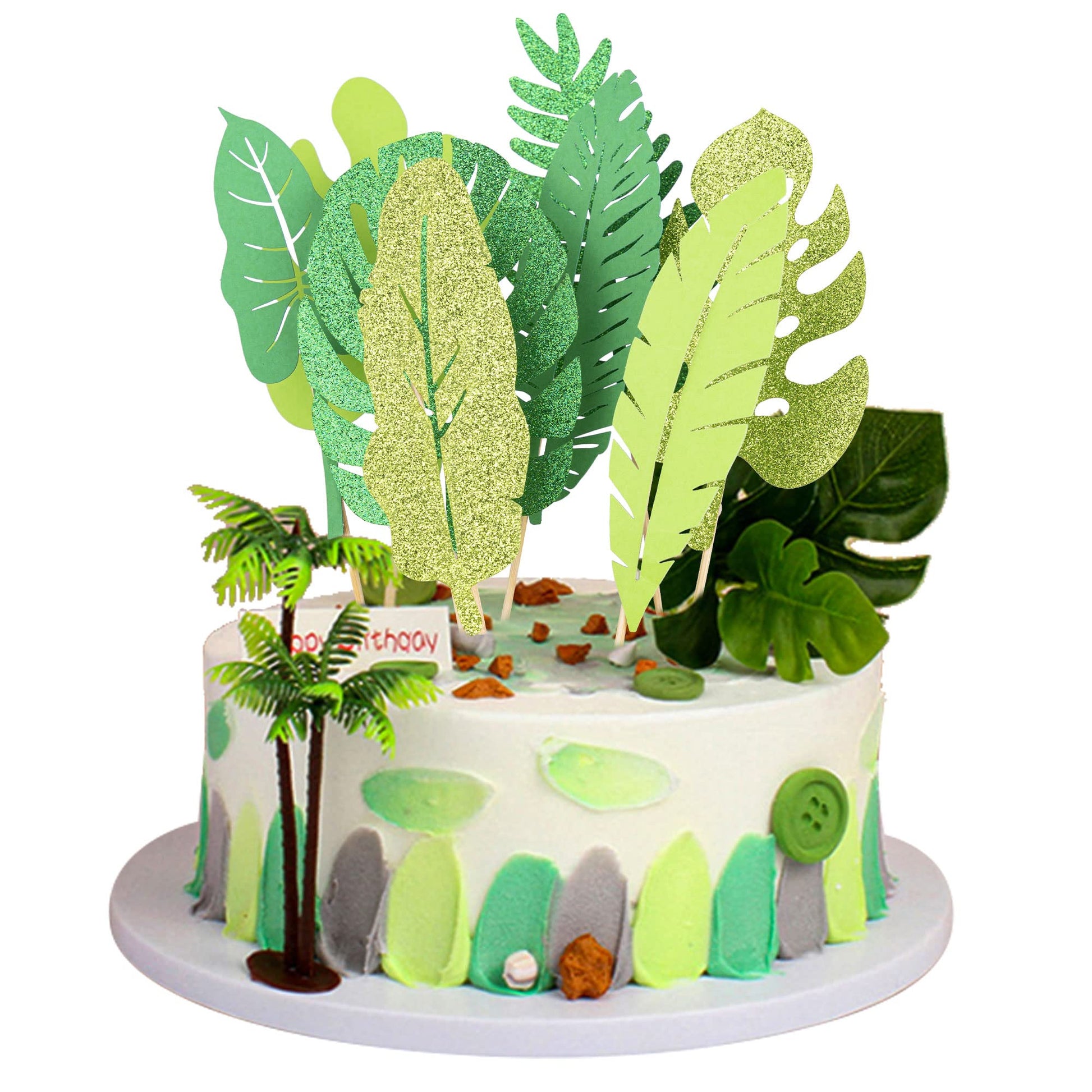 Gyufise 16Pcs Tropical Leaves Cake Toppers Glitter Palm Turtle Leaves Cake Toppers Green Leaf Forest Cupcake Plant Leaf Tropical