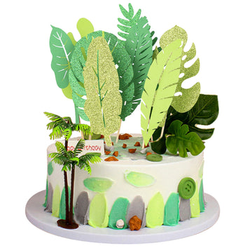 Gyufise 16Pcs Tropical Leaves Cake Toppers Glitter Palm Turtle Leaves Cake Toppers Green Leaf Forest Cupcake Plant Leaf Tropical