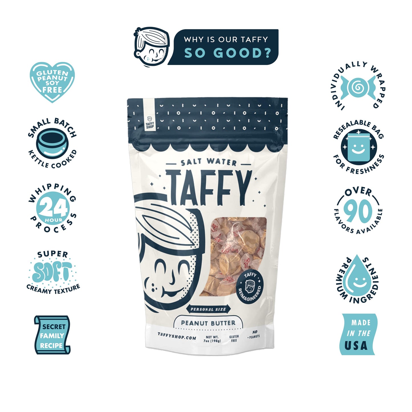 Taffy Shop Peanut Butter Salt Water Taffy - Small Batch Salt Water Taffies Made In The Usa - Super Soft, Sweet, Taffy Candy - Gu