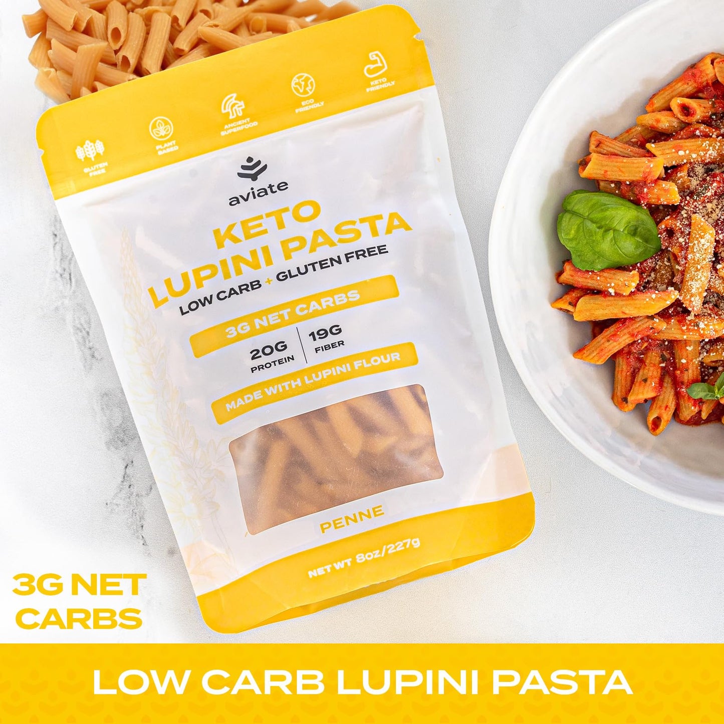 Aviate Keto Pasta Penne - Low Carb (3G Net) Lupini Penne Pasta - High Protein (20G) - Gluten-Free - Made With Lupin Flour [Plant