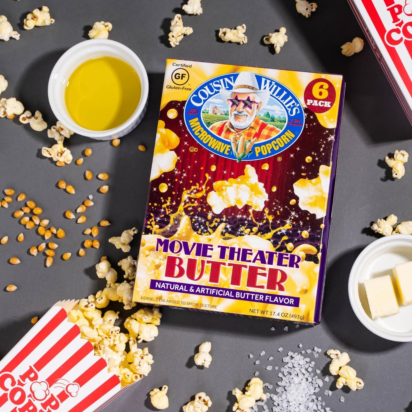 Cousin Willie s Microwave Popcorn Bags, Movie Theater Butter (8 Boxes, 48 Bags) Gourmet Popcorn Boxes for Party, Whole Grain Po