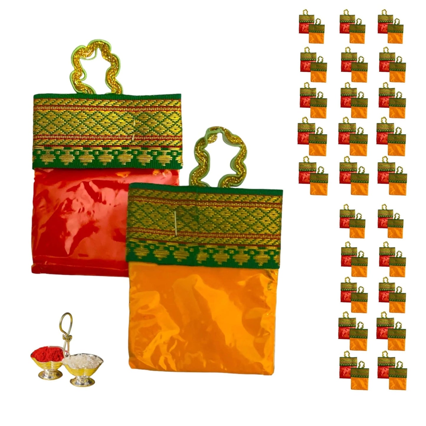 Lovenspire Haldi Kumkum Packets Bulk 50 Pc Handbag Style Mini Packs Enhanced Sindoor And Turmeric Powder Combo - Hindu Thamboolam Set For Indian Wedding Havan Durga Puja Festive Essentials Return Gift