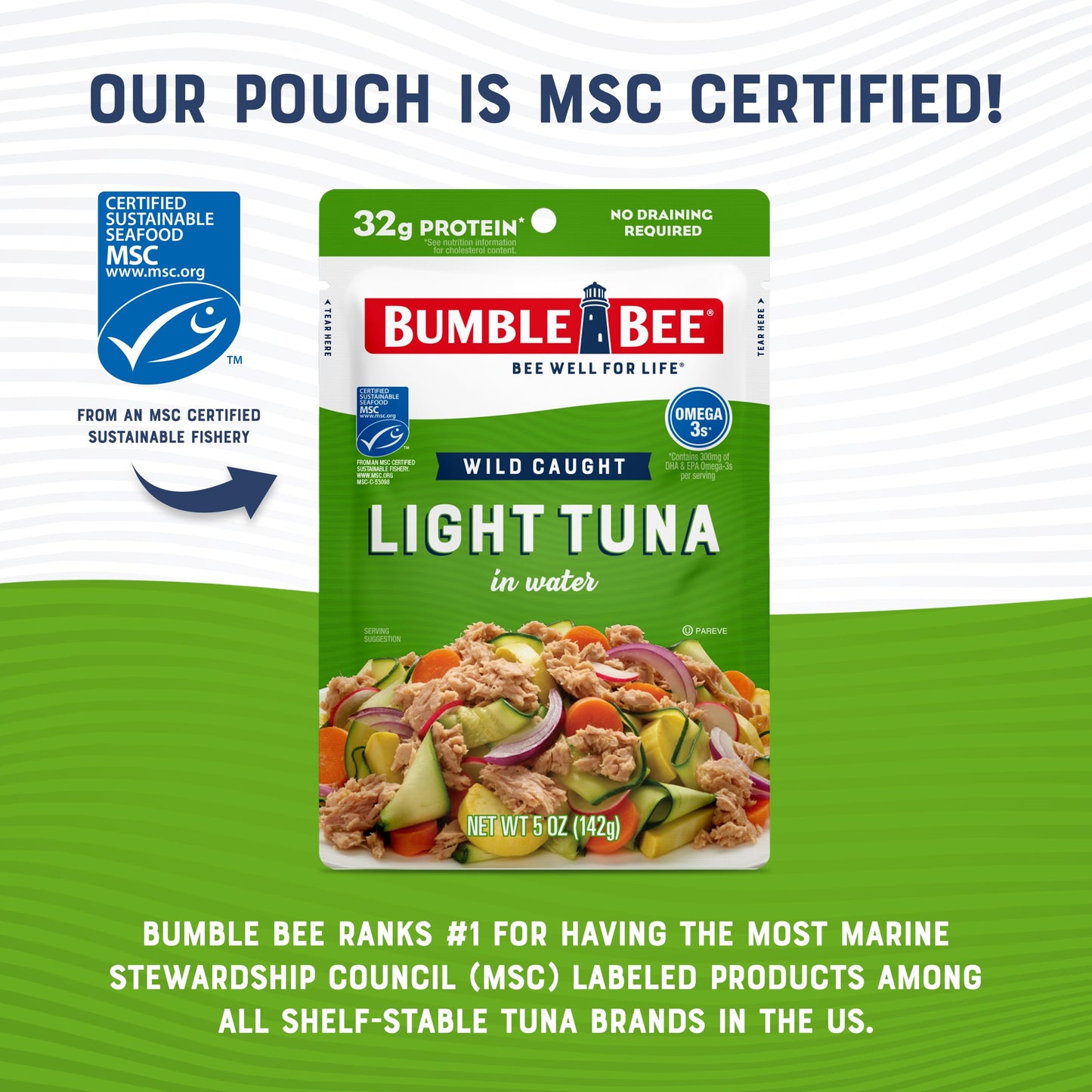 Bumble Bee Light Tuna Pouch In Water, 5 Oz Pouch (Pack Of 12) - Tuna Fish Pouch, High Protein Food, Keto Food And Snacks, Gluten Free Food, High Protein Snacks, Bulk Tuna Pouches