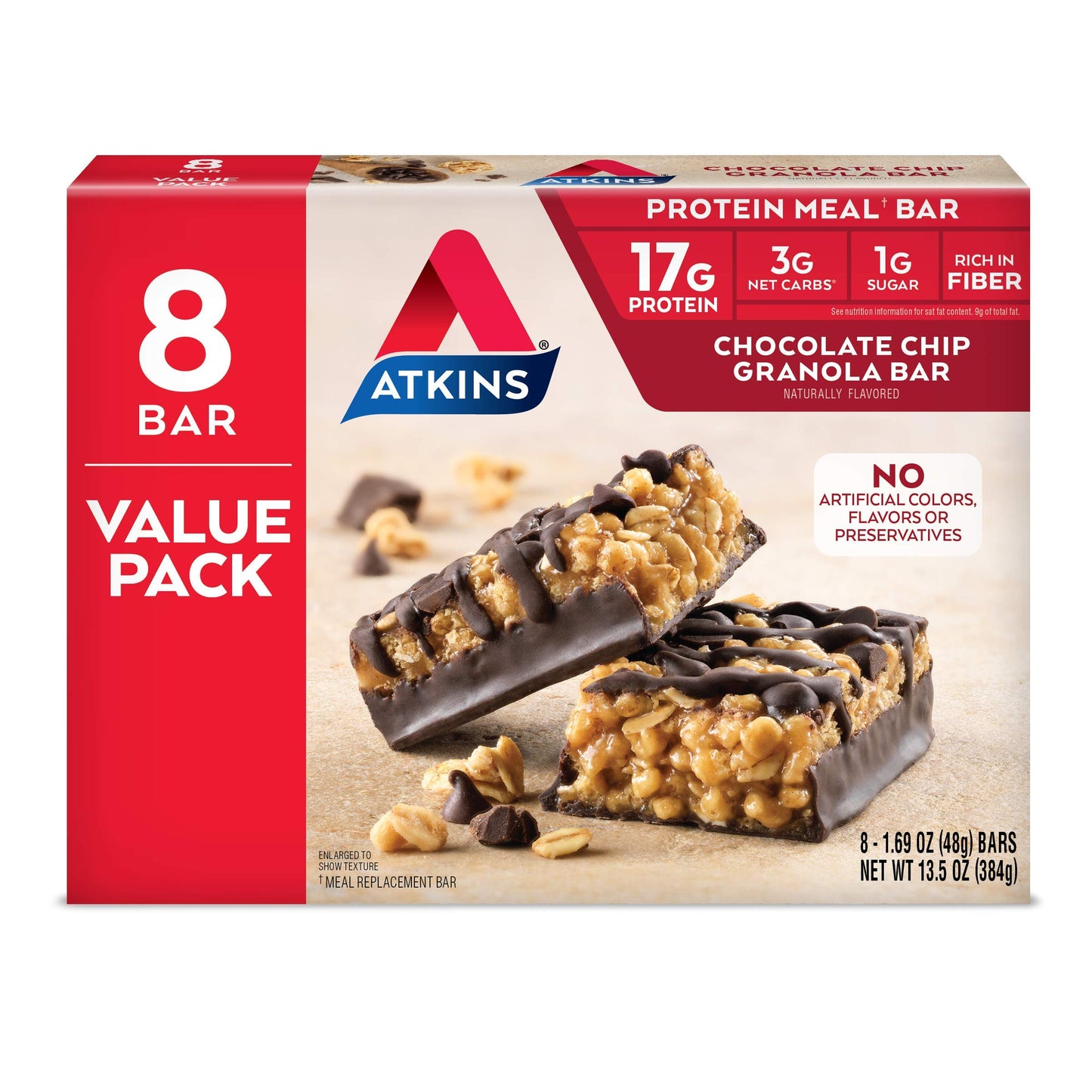 Atkins Chocolate Chip Granola Protein Meal Bar, High Fiber, 17g Protein, 1g Sugar, 3g Net Carbs, Meal Replacement, Keto Friendly
