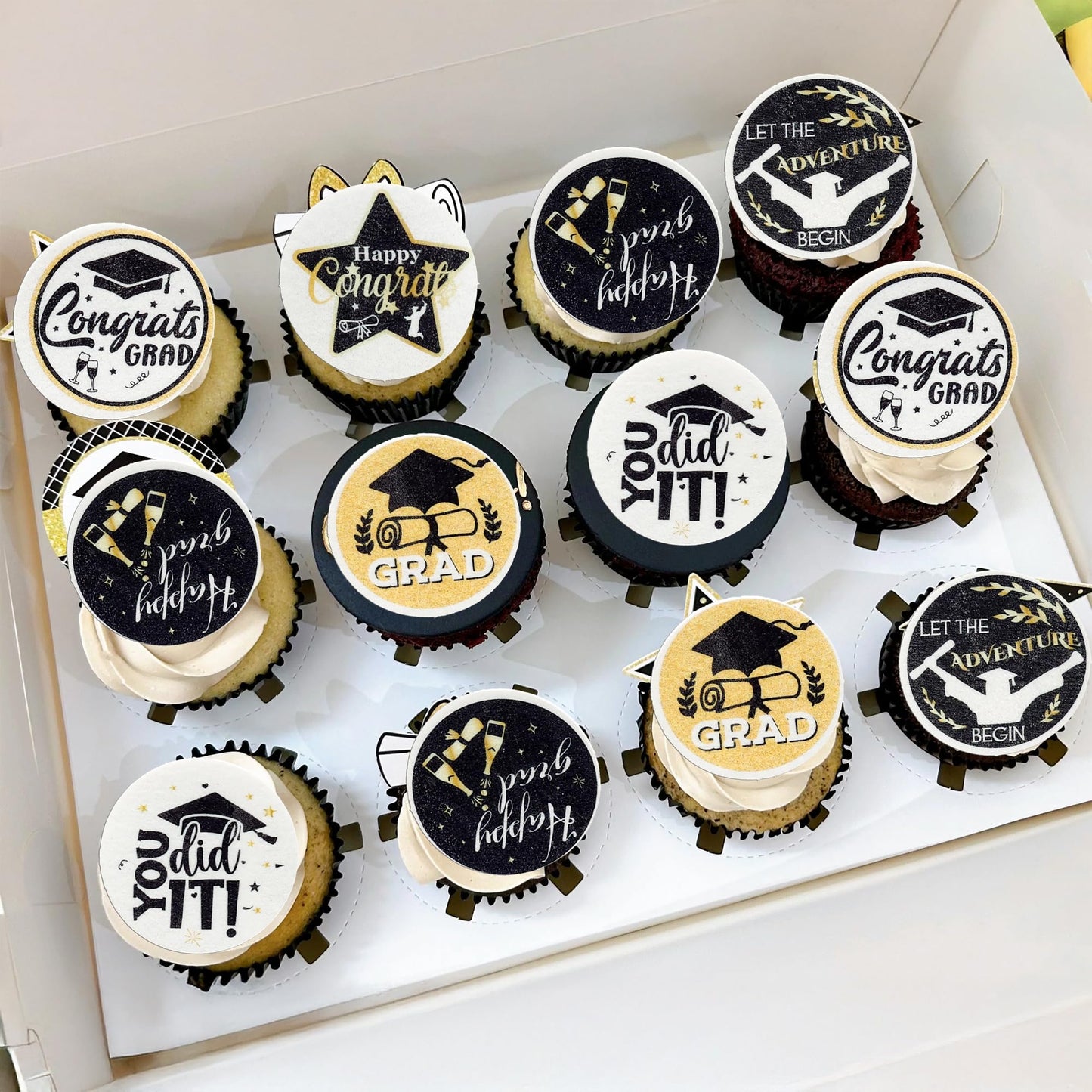 Ephlyn Graduation Cupcake Toppers, 54 Pcs, Wafer Paper, Black, 1.8cm & 4.6cm, Grad Cap & Diploma Decorations for Class of