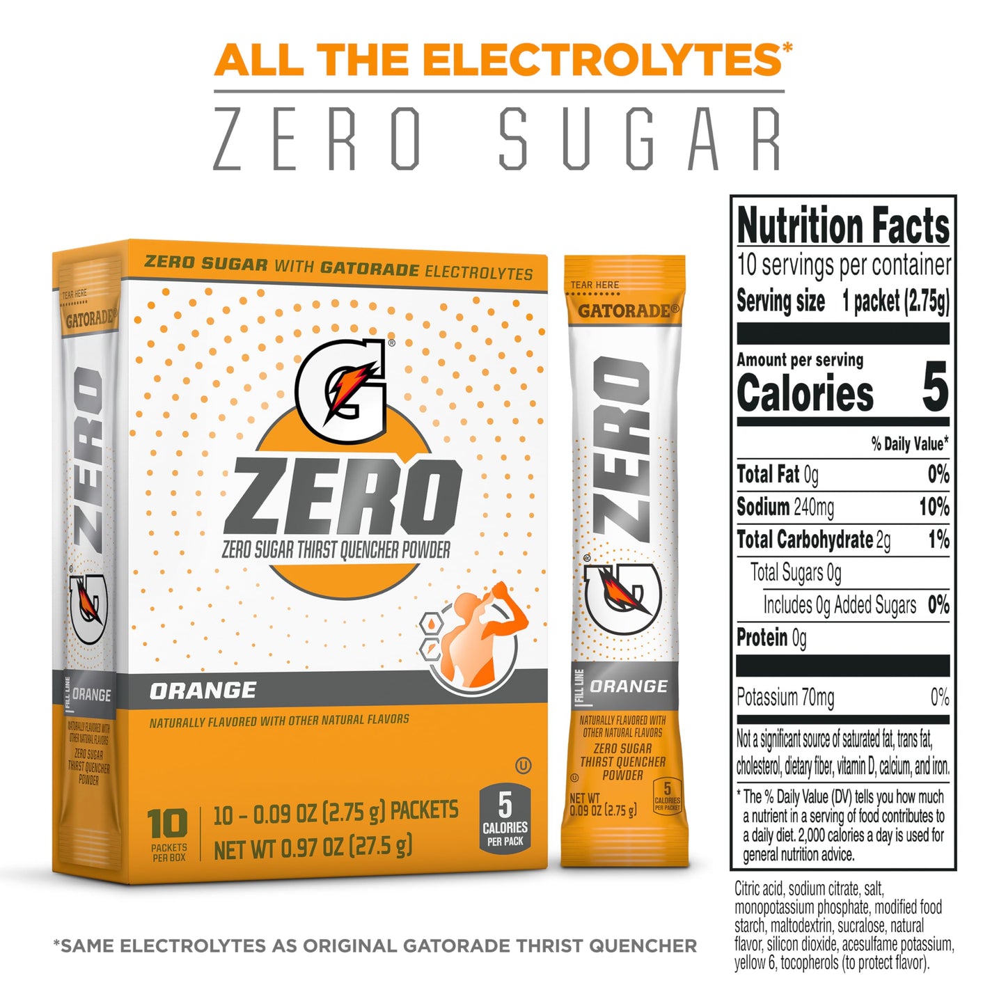 Gatorade G Zero Sports Drink Mix Powder Packets, Orange, Electrolyte Powder Drink Mix for Hydration, Zero Sugar, Total 120 Packe