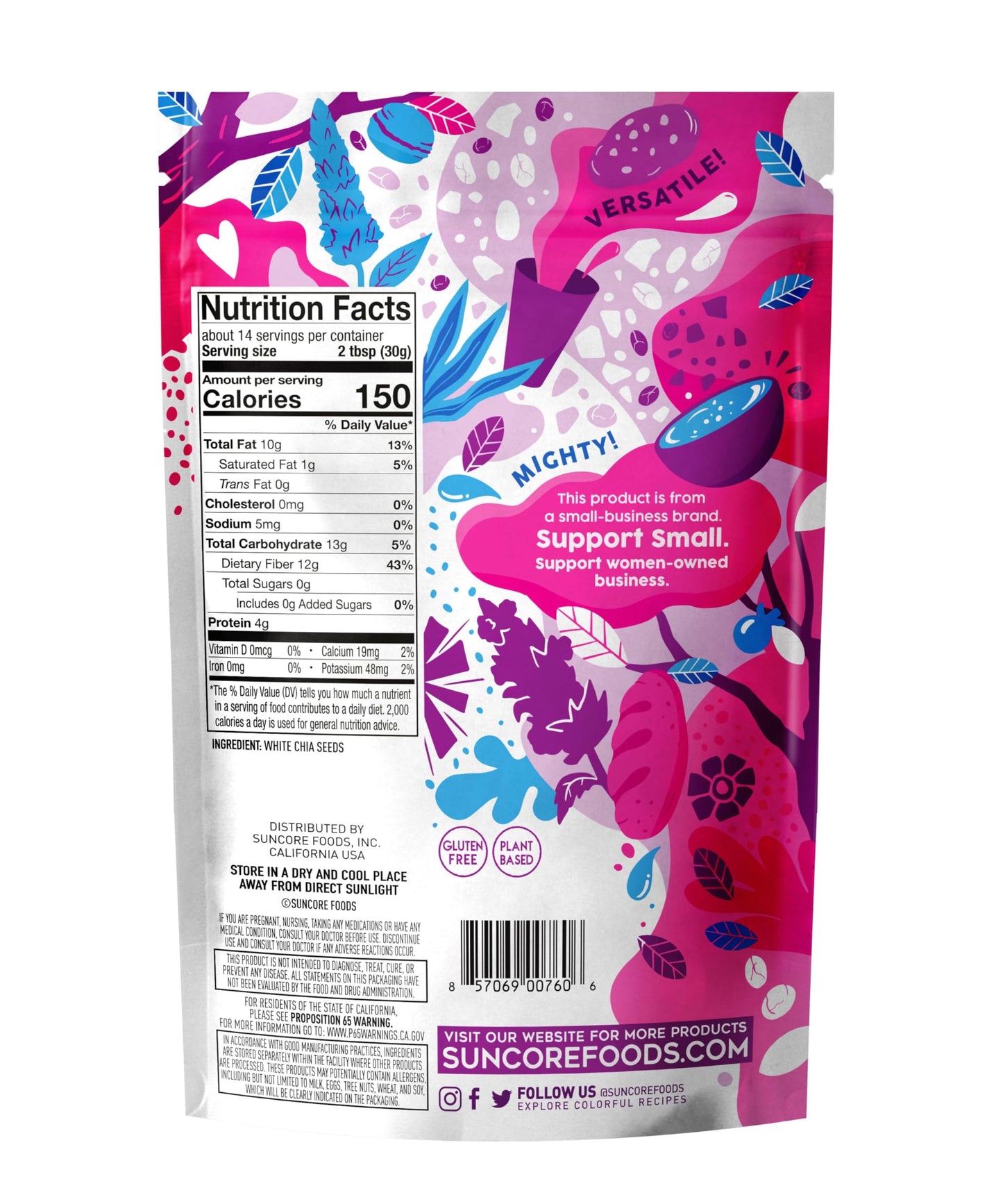 Suncore Foods Organic White Chia Seeds, Gluten-Free, Non-GMO, 15oz (1 Pack)