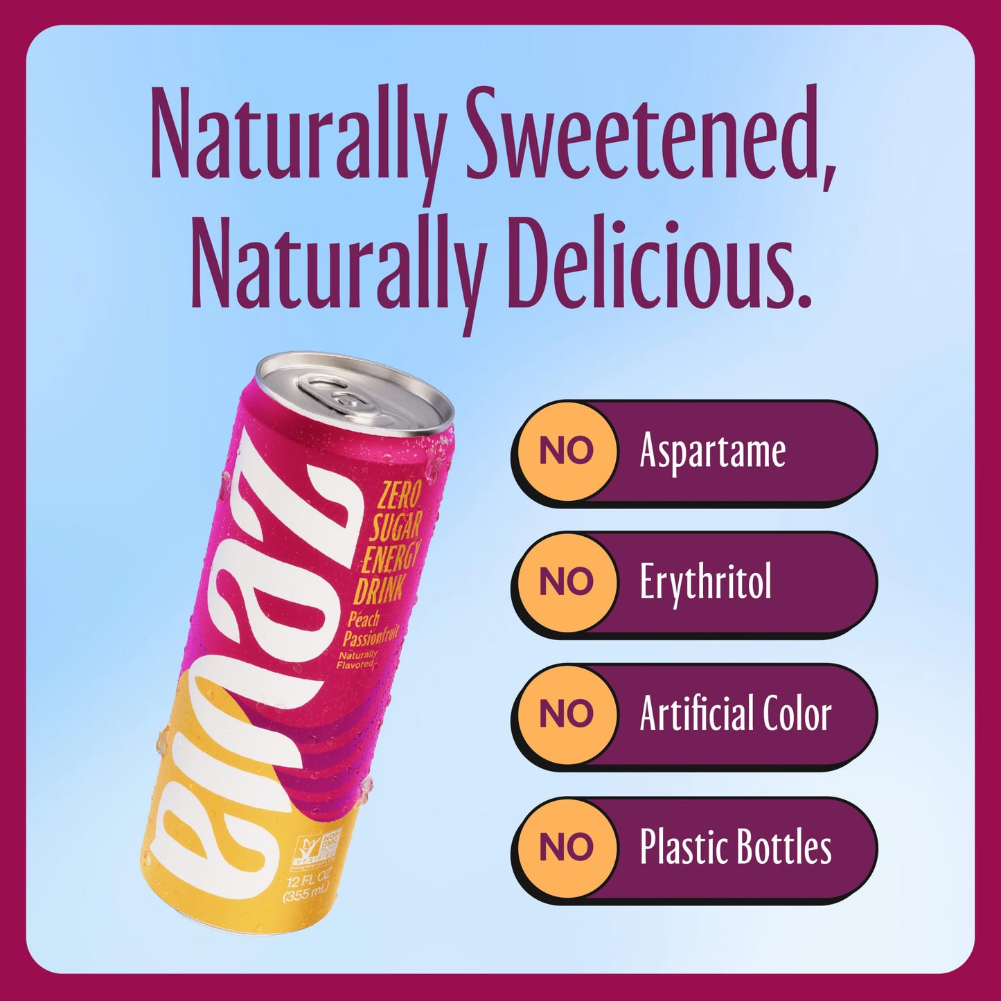 Zevia Zero Sugar, Peach Passionfruit Energy Drink, 12 Fl Oz Cans (Pack of 12)