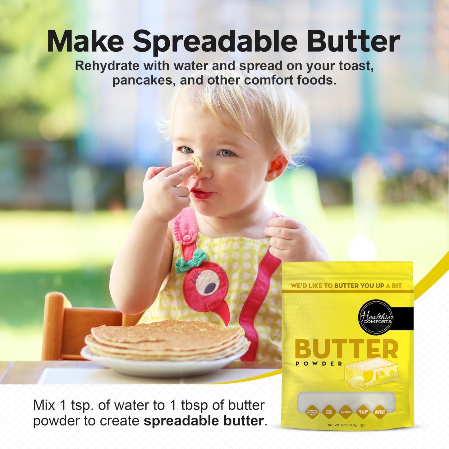 Healthier Comforts Butter Powder | Dehydrated, Shelf Stable Butter | Kosher, Gluten Free, Non-GMO | Popcorn, Baking, Seasoning |