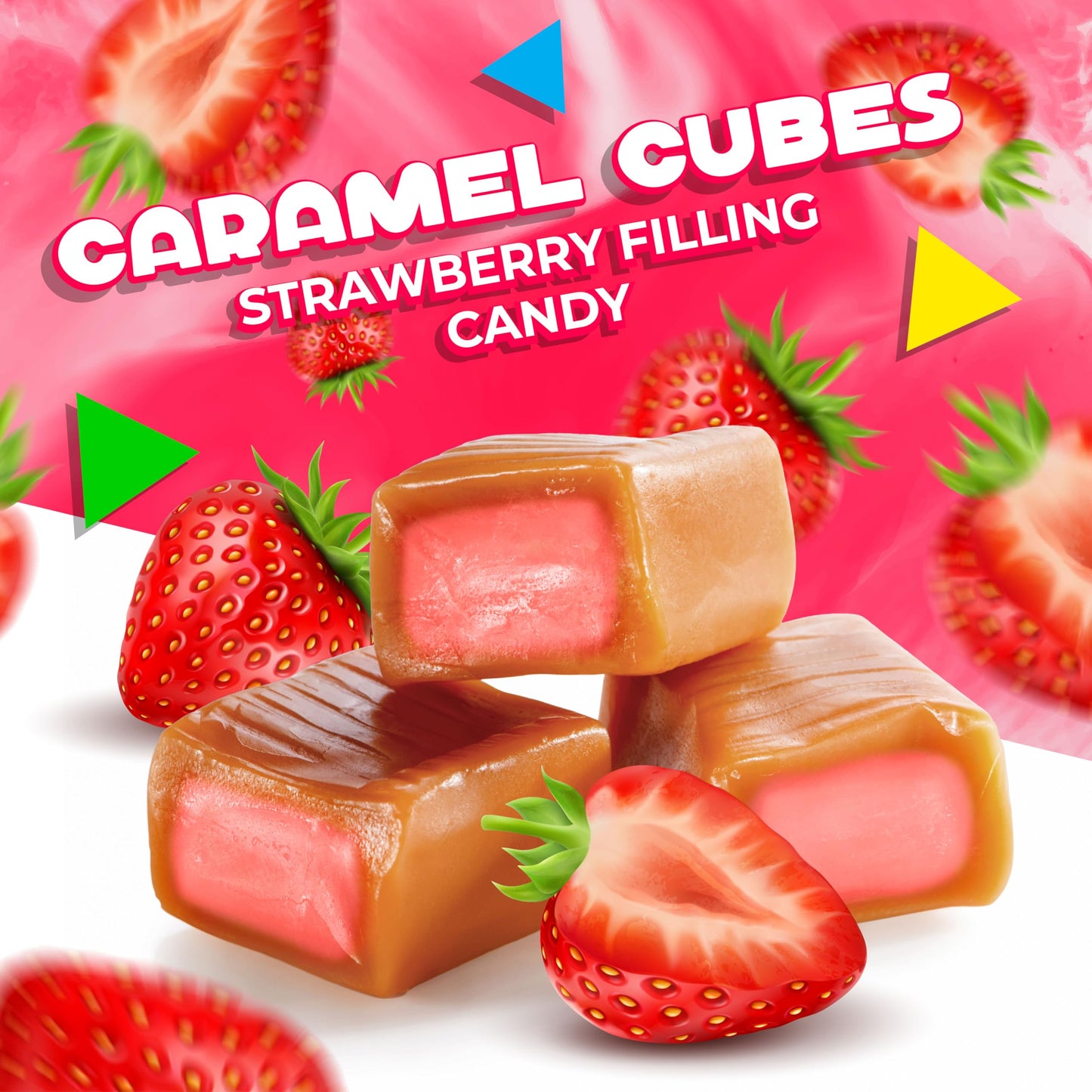 Caramel Cubes Candy (1 Pound Bag) Strawberry Filling, Individually Wrapped (Approx. 75 Count)