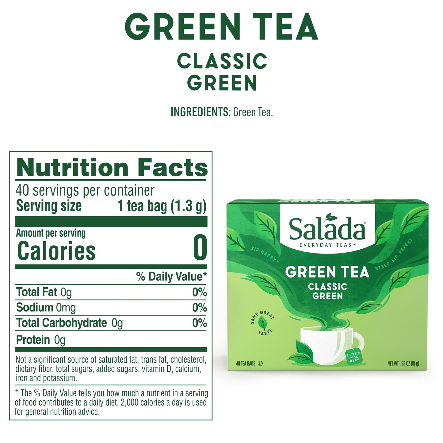 Salada Green Tea, 40 Individually Wrapped Bags, Caffeinated, Naturally Flavored, Rich in Antioxidants, Zero Calories, Model 020700402119