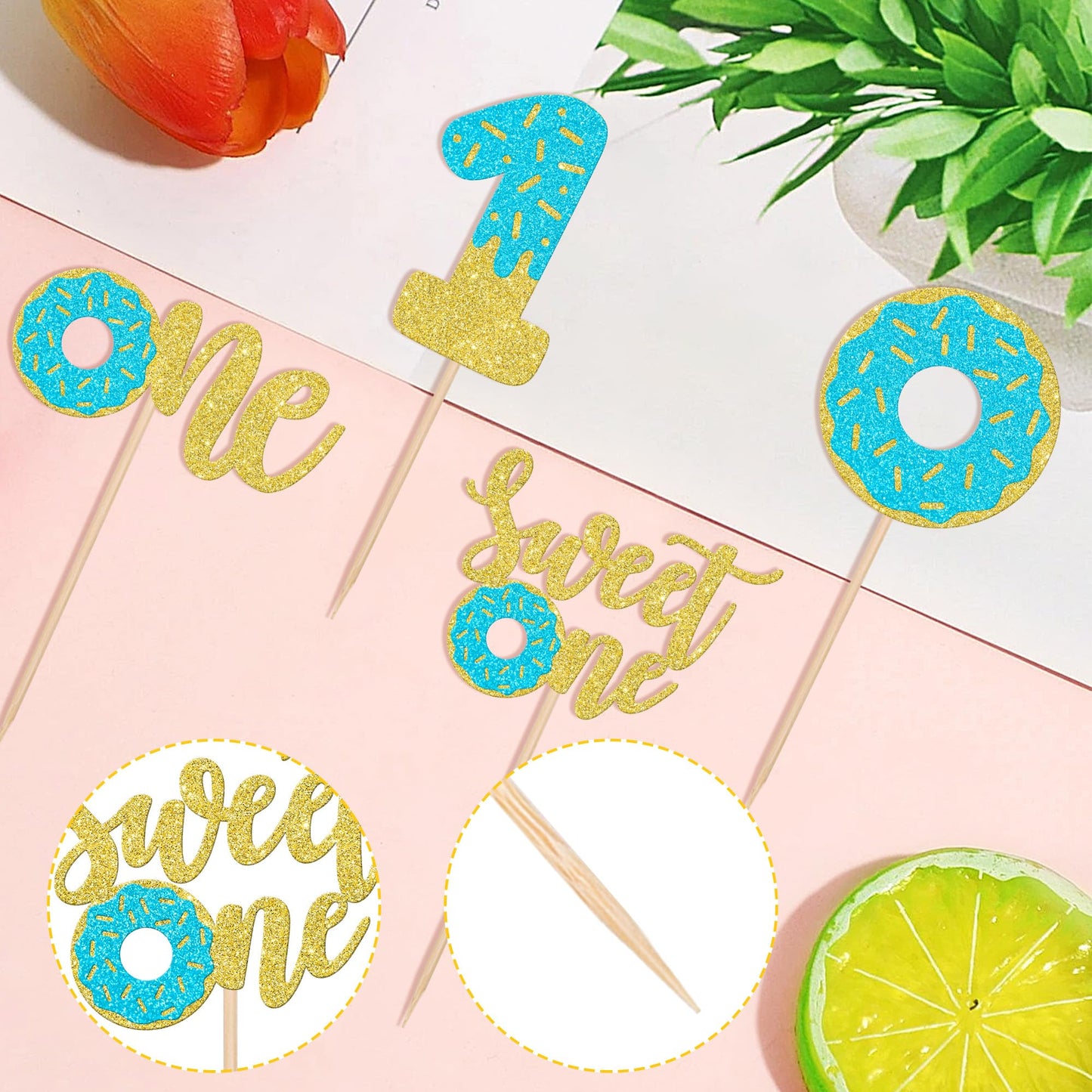 24 Pcs Sweet One Donut Cupcake Toppers Glitter Donut One Cupcake Picks Donut First Birthday Party Decoration For Sweet Donut The