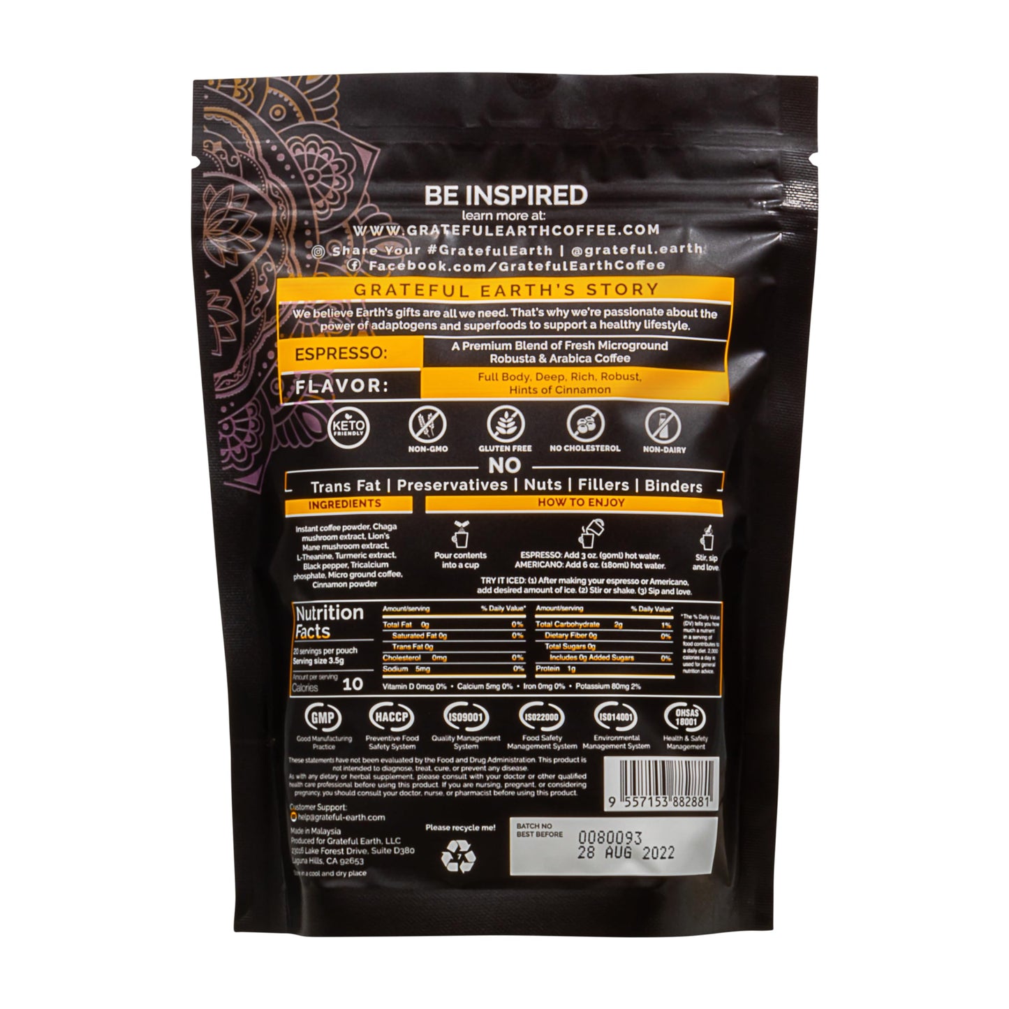 Grateful Earth Mushroom Coffee  Espresso Instant Coffee with Cinnamon  Turmeric  Lions Mane Mushrooms  L-Theanine  Chaga Super Brain Blend  Energy & Immune Support  Dairy & Gluten Free  2 Bags  40 Ct