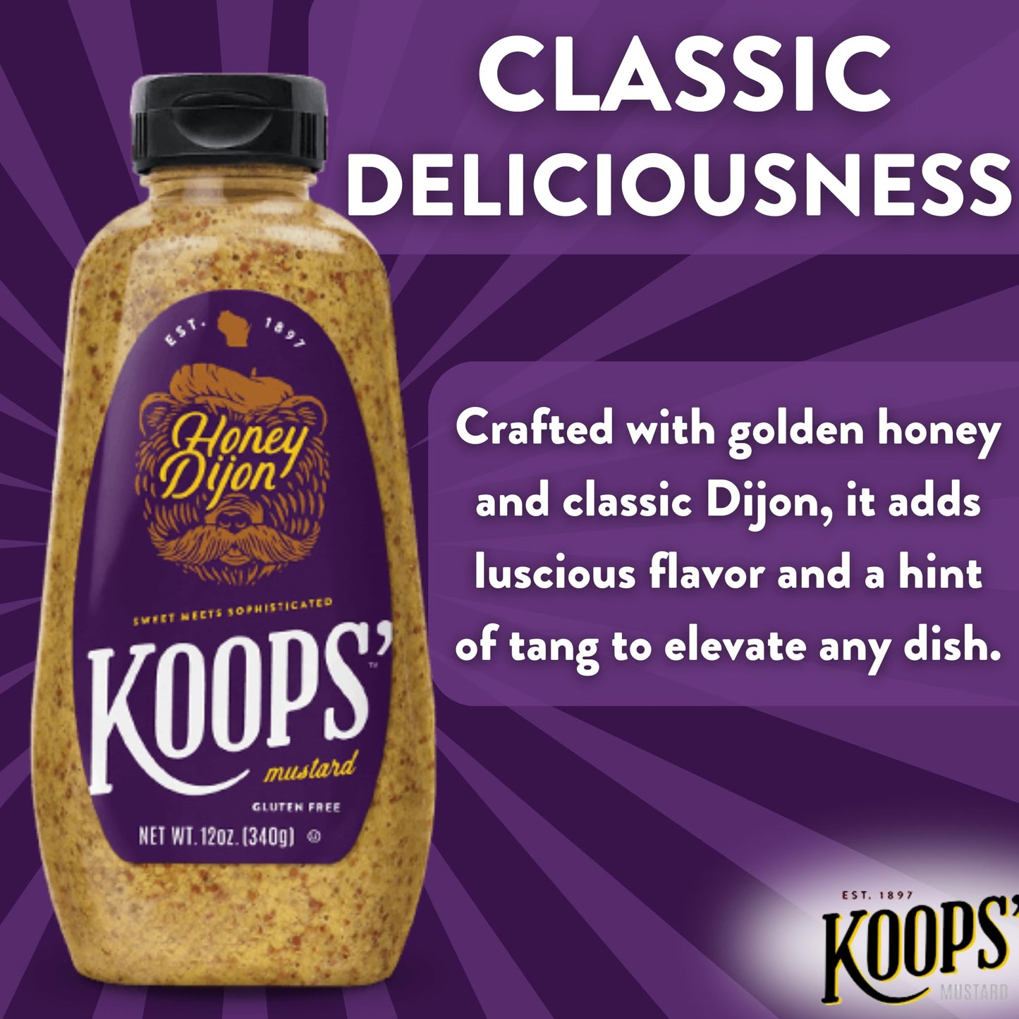 Koops  Honey Dijon Mustard - Gourmet Mustard, Gluten-Free, Kosher, Made in USA, From Quality Mustard Seeds, Honey Mustard Sauce