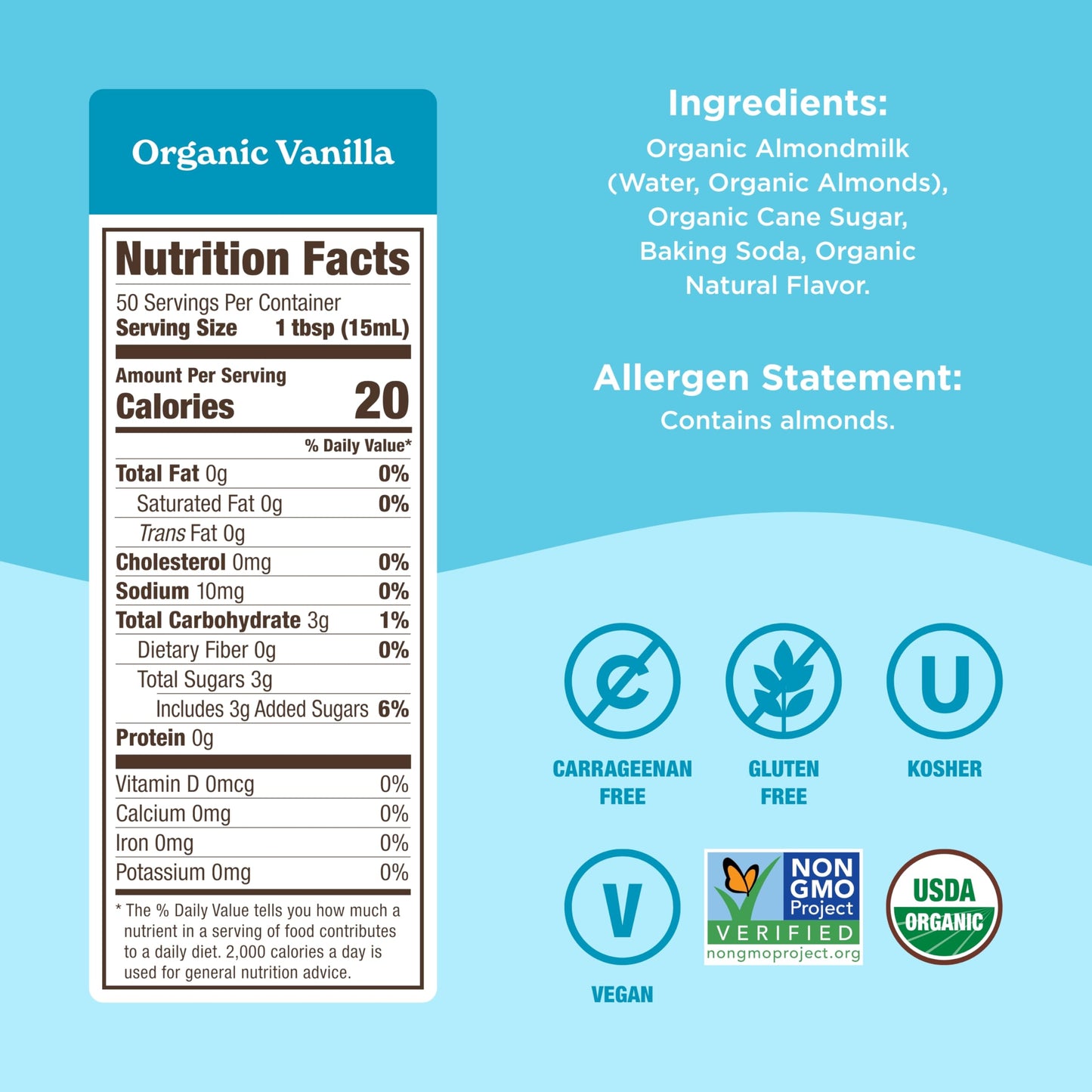 Califia Farms - Organic Vanilla Almond Milk Coffee Creamer, 25.4 Oz, Dairy Free, Plant Based, Vegan, Gluten Free, Non GMO, Almon
