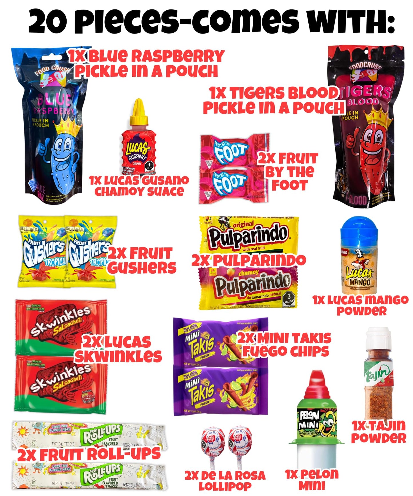 Tigers Blood Pickle Kit With Blue Raspberry Pickle With Takis, Fruit Rollup And Mexican Candysimilar To The Chamoy Pickle Kit Fo