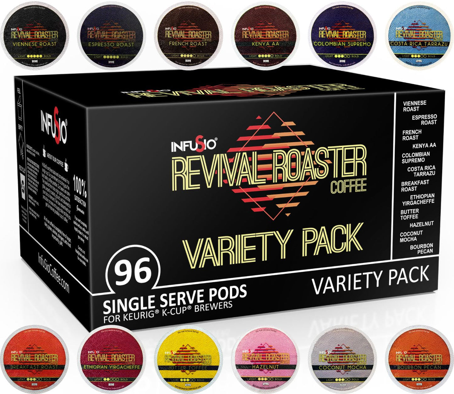 InfuSio Coffee Pods Variety Pack - 96 Count, 12 Medium & Dark Roast Blends, Compatible with Keurig 2.0 malt-inspired