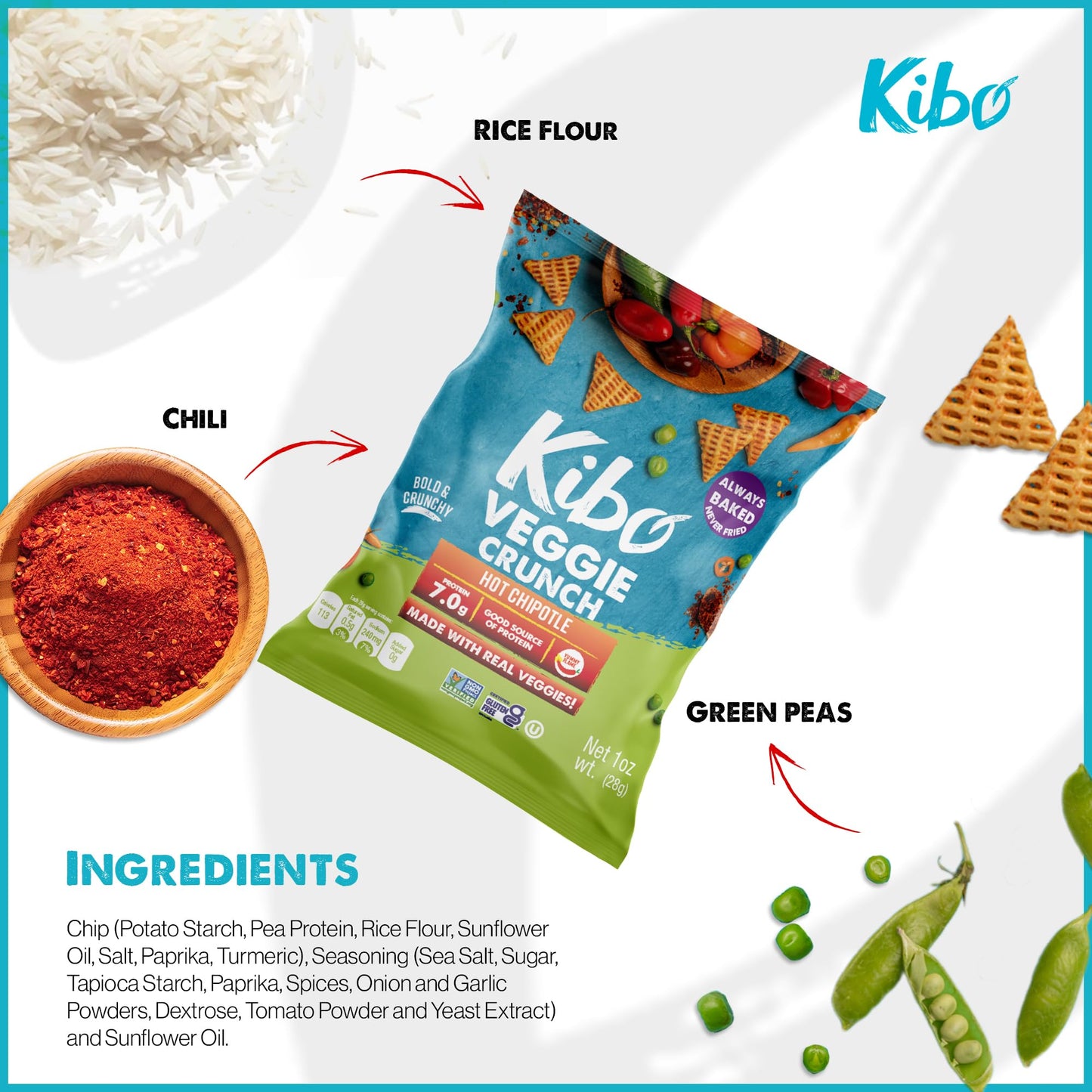 Kibo Veggie Chips Hot Chipotle Flavor, Plant-Based Protein, Gluten-Free, Non-Gmo, Vegan-Friendly, 3D Triangles, Flaming Hot 12 P