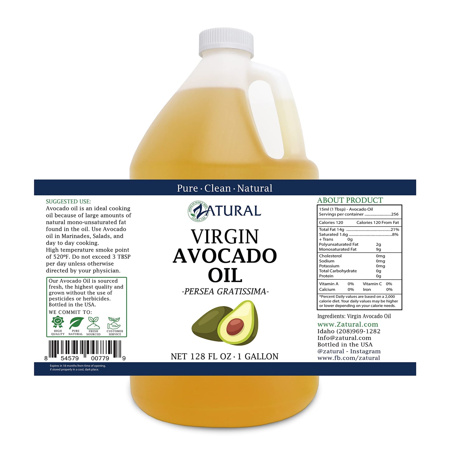 Zatural Avocado Oil Pure Cold Pressed Natural Oil (1 Gallon)