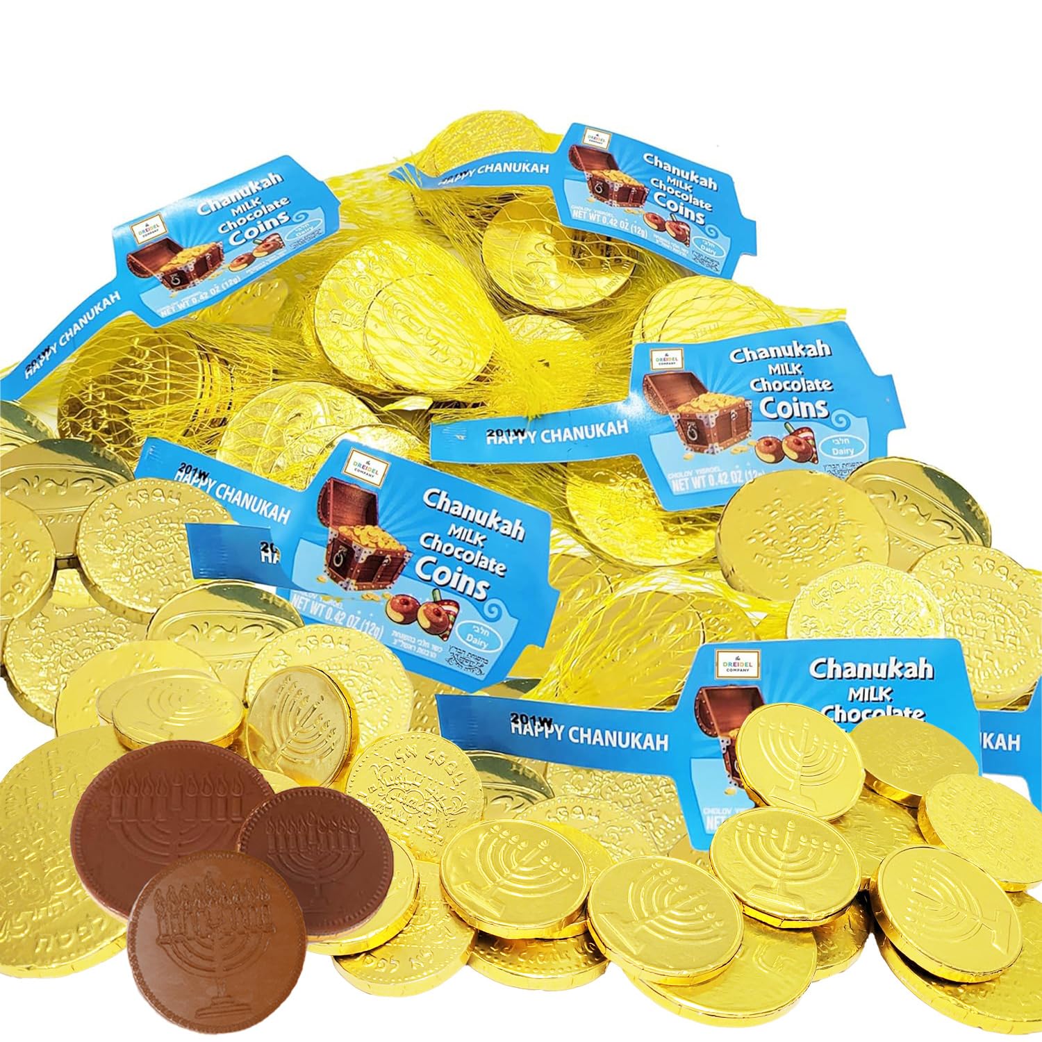 The Dreidel Company Hanukkah Chocolate Gelt, Milk Chocolate Coins, Made In Israel, Kosher Certified Cholov Yisroel Chanukah Coins Box, 0.42 Oz Each (12 Mesh Bags)