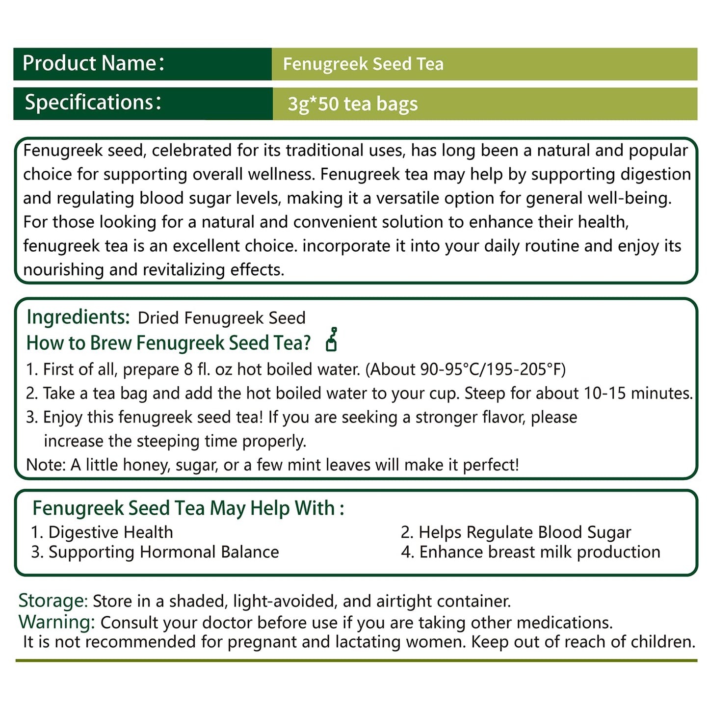 SAMCCI Fenugreek Seed Tea Bags - Herbal Tea, Non-GMO, Caffeine-free, 50 Teabags, 3g each