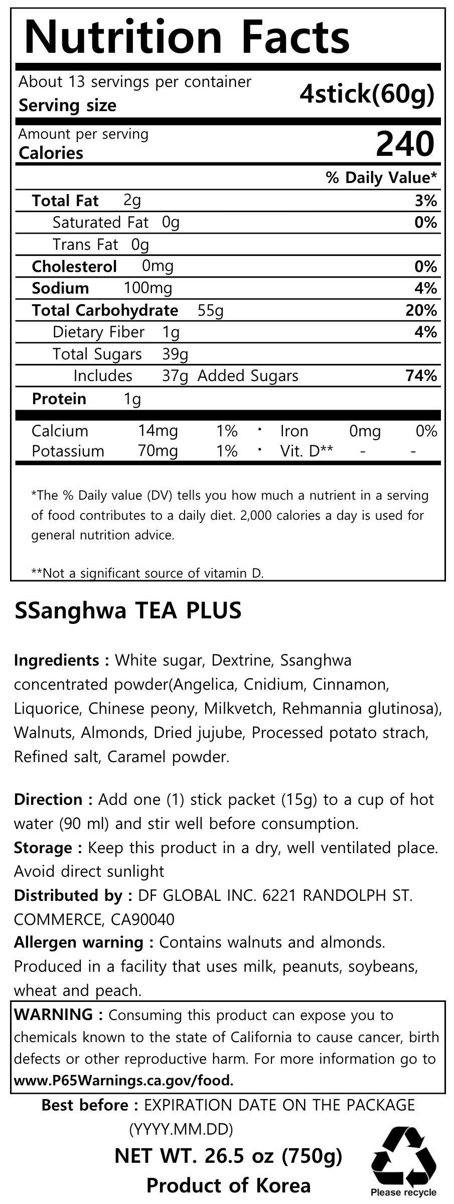 Damtuh Ssanghwa Herbal Tea, 50 Count Pack, 15g Sticks Each